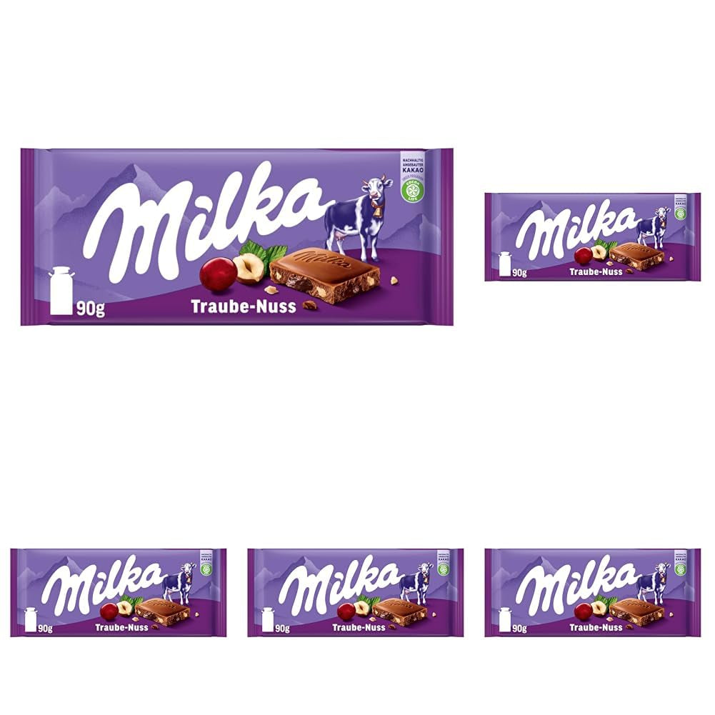 Milka Druiven en Hazelnoten – Alpenmelkchocolade met stukjes hazelnoot en rozijnen – 90g