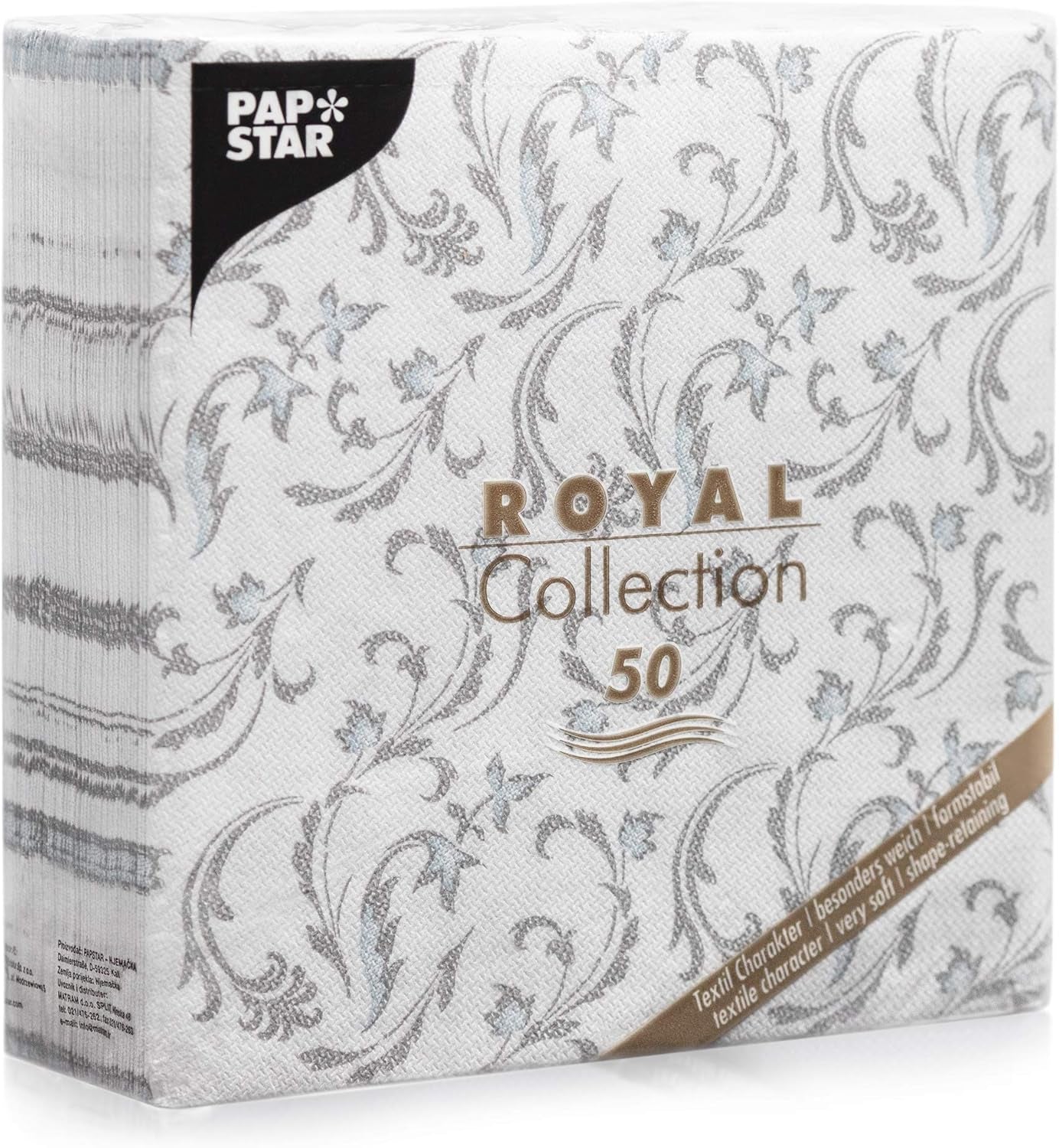 Papstar, 50 servetten "ROYAL Collection" 1/4-vouw 40 Cm X 40 Cm grijs "Damascato", #85005