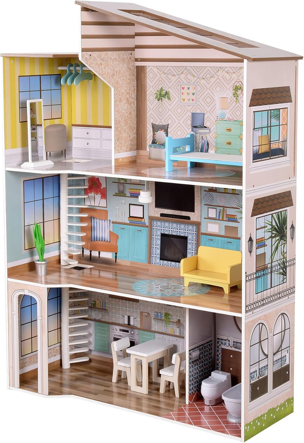 Olivia's Little World hedendaagse mediterrane stijl interactief houten poppenhuis van 3 verdiepingen voor kinderen met 17 poppenmeubelaccessoires veelkleurig TD-13551B