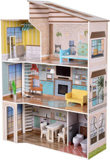Olivia's Little World hedendaagse mediterrane stijl interactief houten poppenhuis van 3 verdiepingen voor kinderen met 17 poppenmeubelaccessoires veelkleurig TD-13551B