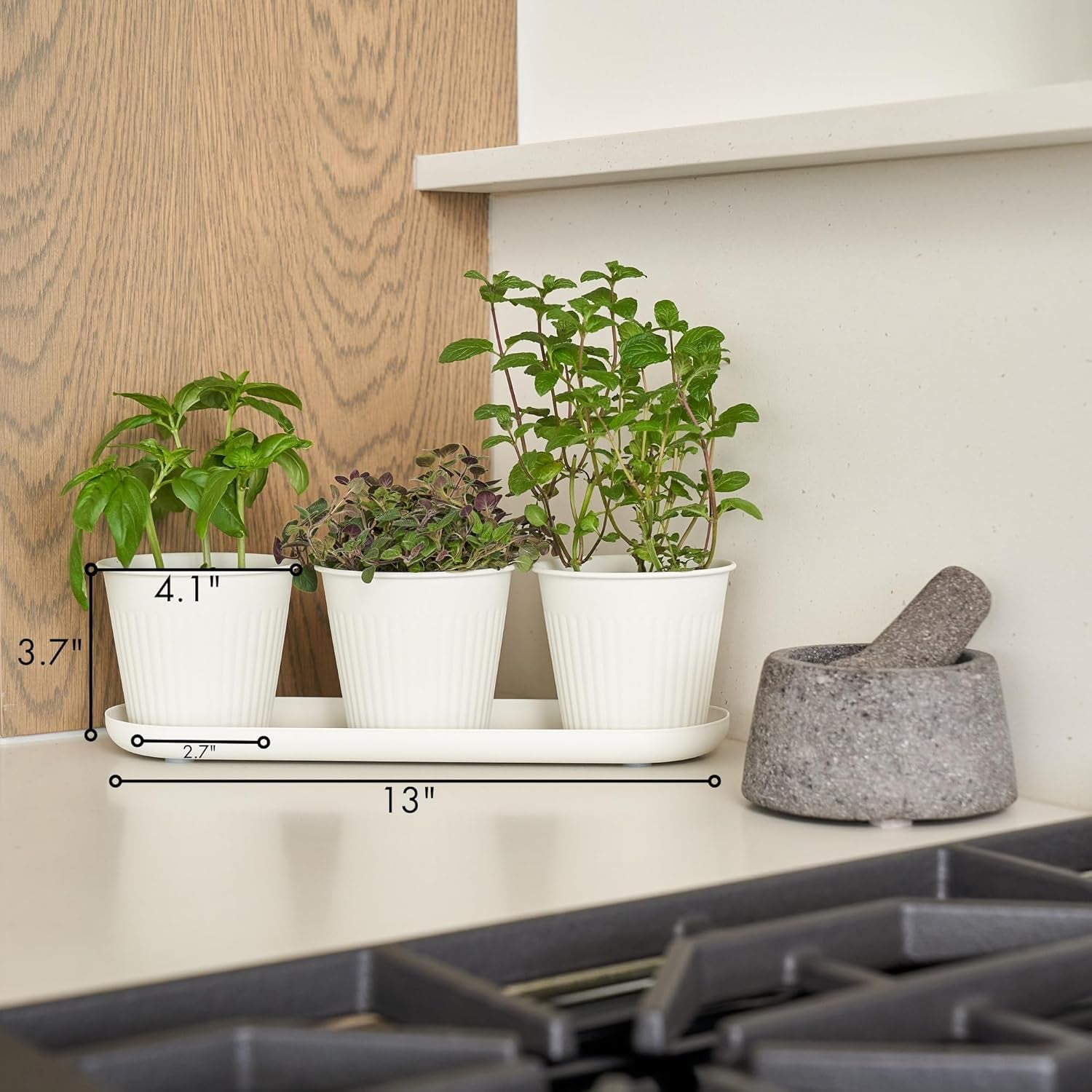 Set van 3 prachtige kruidentuinpotten, perfect voor elke vensterbank of aanrecht, een moderne decoratieve tuinplantenset inclusief dienblad en...