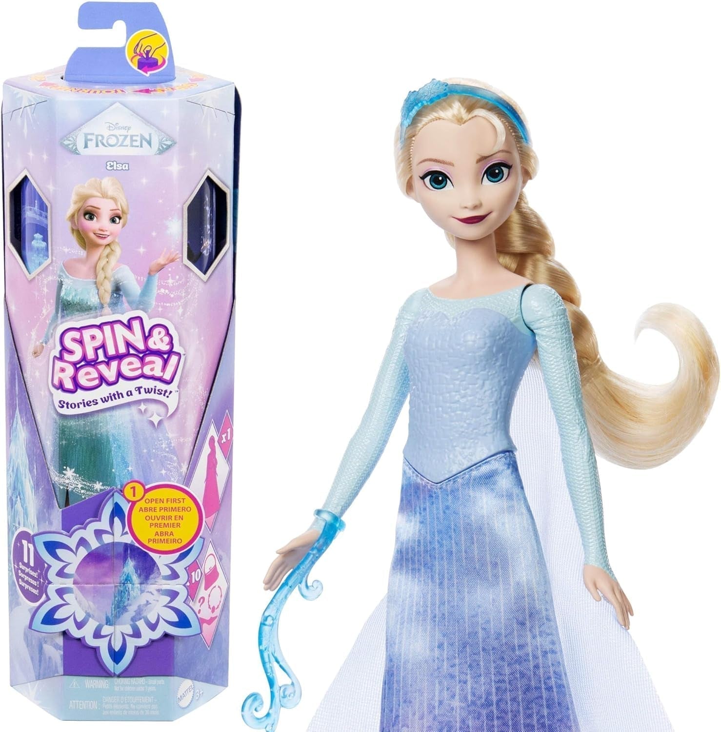 Mattel Disney The Ice Queen Elsa Fashion Doll Set, Spin & Reveal met 11 verrassingen, waaronder 5 accessoires, 5 stickers en een speelscène, geïnspireerd op de Disney-film, HTG25 Dolls Naty Shop Elsa Fashion Doll Set