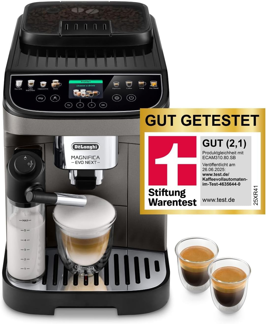 De'Longhi Magnifica Evo Next - Perfetto volautomatische espressomachine met LatteCrema melkopschuimer, 13 One-Touch-drankjes, koffie- en cappuccinomaker, kleurentouchscreen, titanium (ECAM312.80.TB)