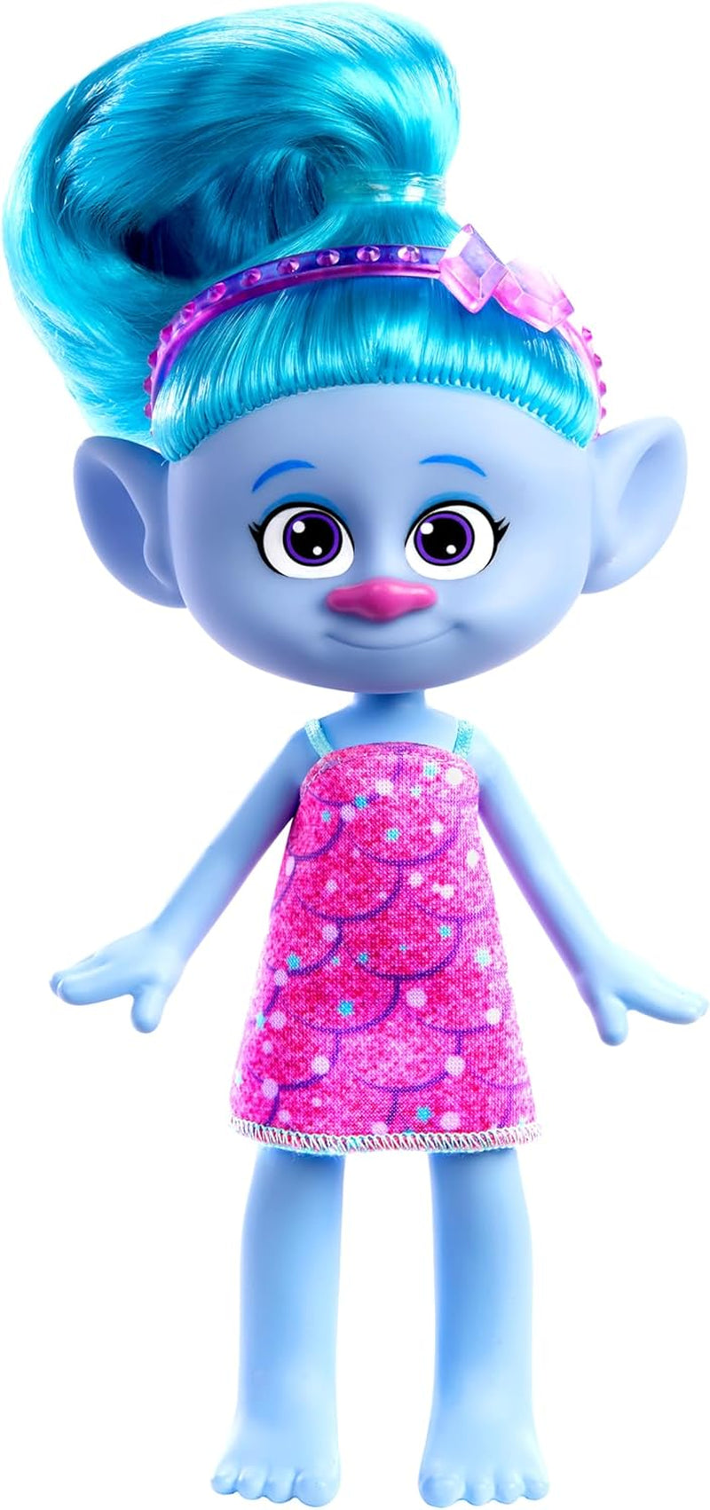 Mattel DREAMWORKS TROLLS United We Stand - Chenille harige verrassingspop met sprankelend blauw haar, paarse hoofdband, vanaf 3 jaar, HNF15