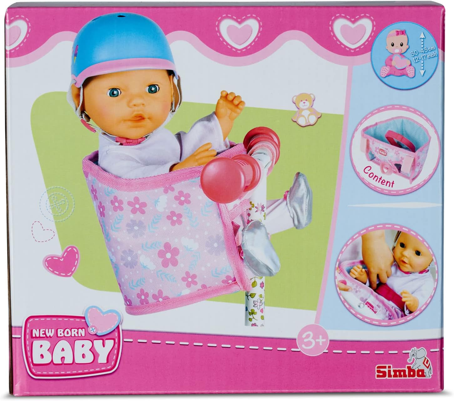 Simba 105560018 - Fietsstoeltje voor pasgeborenen met riem, poppenaccessoire, stoffen zitje, veiligheidsgordel, stuur met klittenband, voor poppen van 30-43 cm, vanaf 3 jaar