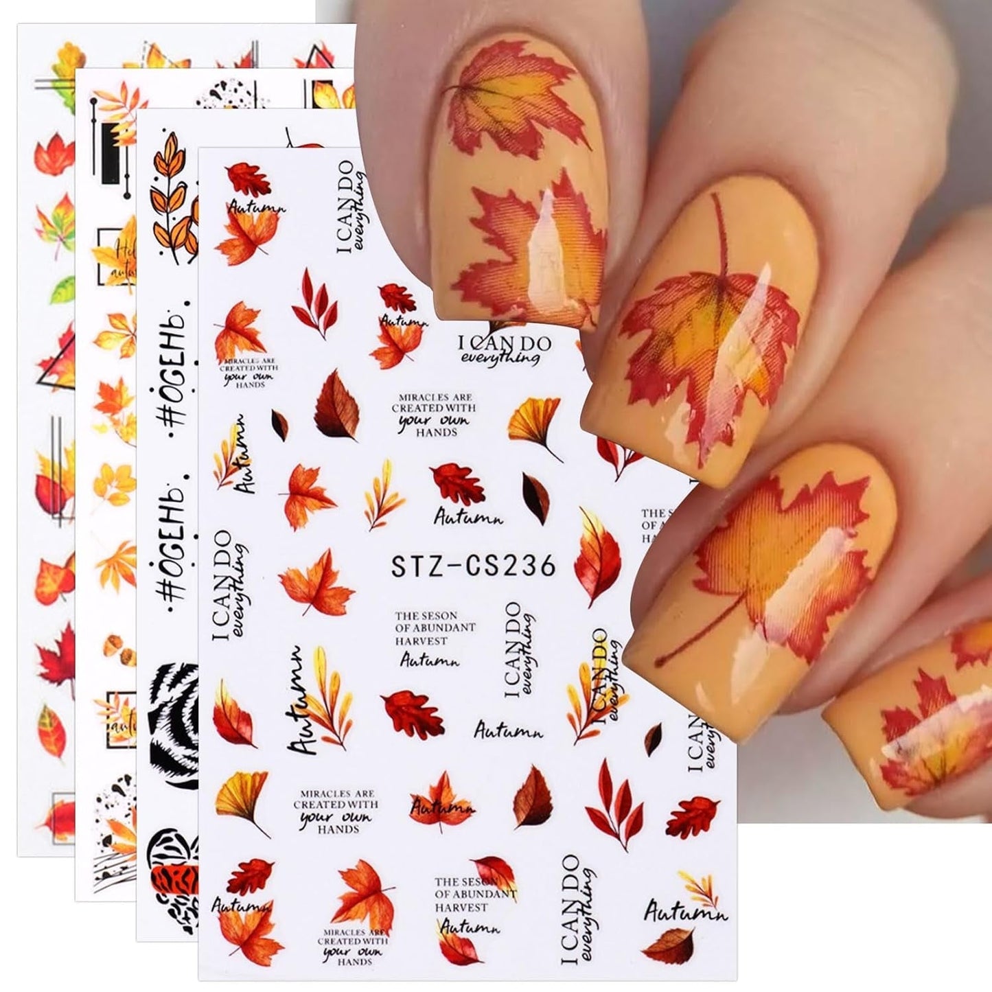 JMEOWIO Nagelsticker Herbst 9 Blatt Nail Art Sticker Selbstklebend Nagelaufkleber Kürbis Ahornblatt Erntedankfest Decoratie Nageldesign Zubehör