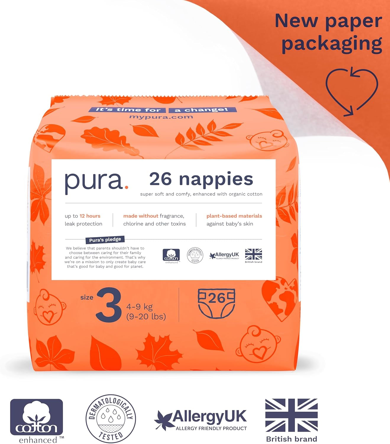 Eco-babyluiers - maat 3 (4-9 kg), 1 pak (26 luiers), ultrazachte luiers voor de gevoelige huid, biologisch katoen, tot 12 uur lekbescherming, nieuwe maattabel