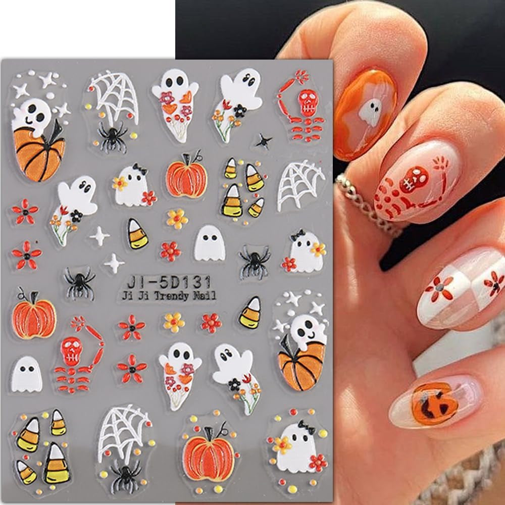 JMEOWIO 3D Nagelsticker Halloween Nail Art Sticker Selbstklebend Nagelaufkleber 5D Stereoskopisch Süßer Geisterkürbis Decoratie Nageldesign Zubehör 4 Blatt