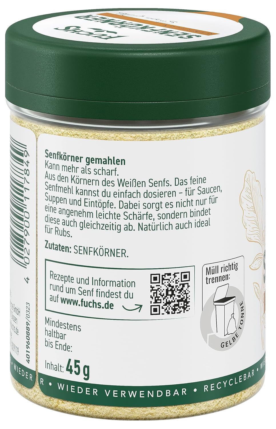 Fuchs Gewürze - Senfkörner gemahlen - für die Zubereitung von Rubs, zum Verfeinern von Suppen und Saucen - natuurlijke ingrediënten - 45 g in wiederverwendbarer, recyclebarer Dosis