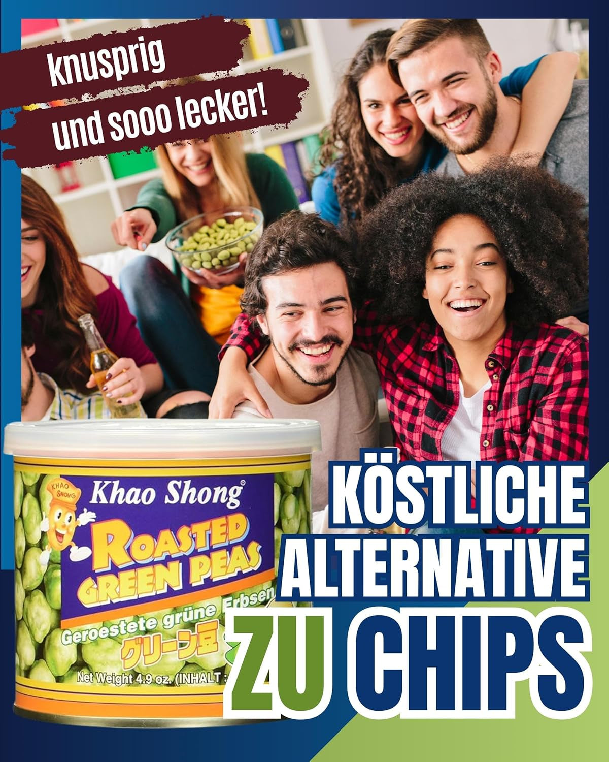 Khao Shong Gebakken groene erwten met wasabi, knapperige erwten in een pittig beslag, een vetarm alternatief voor noten, medium pikant, 1 blik van 140 g | 140 g (1 pakje)