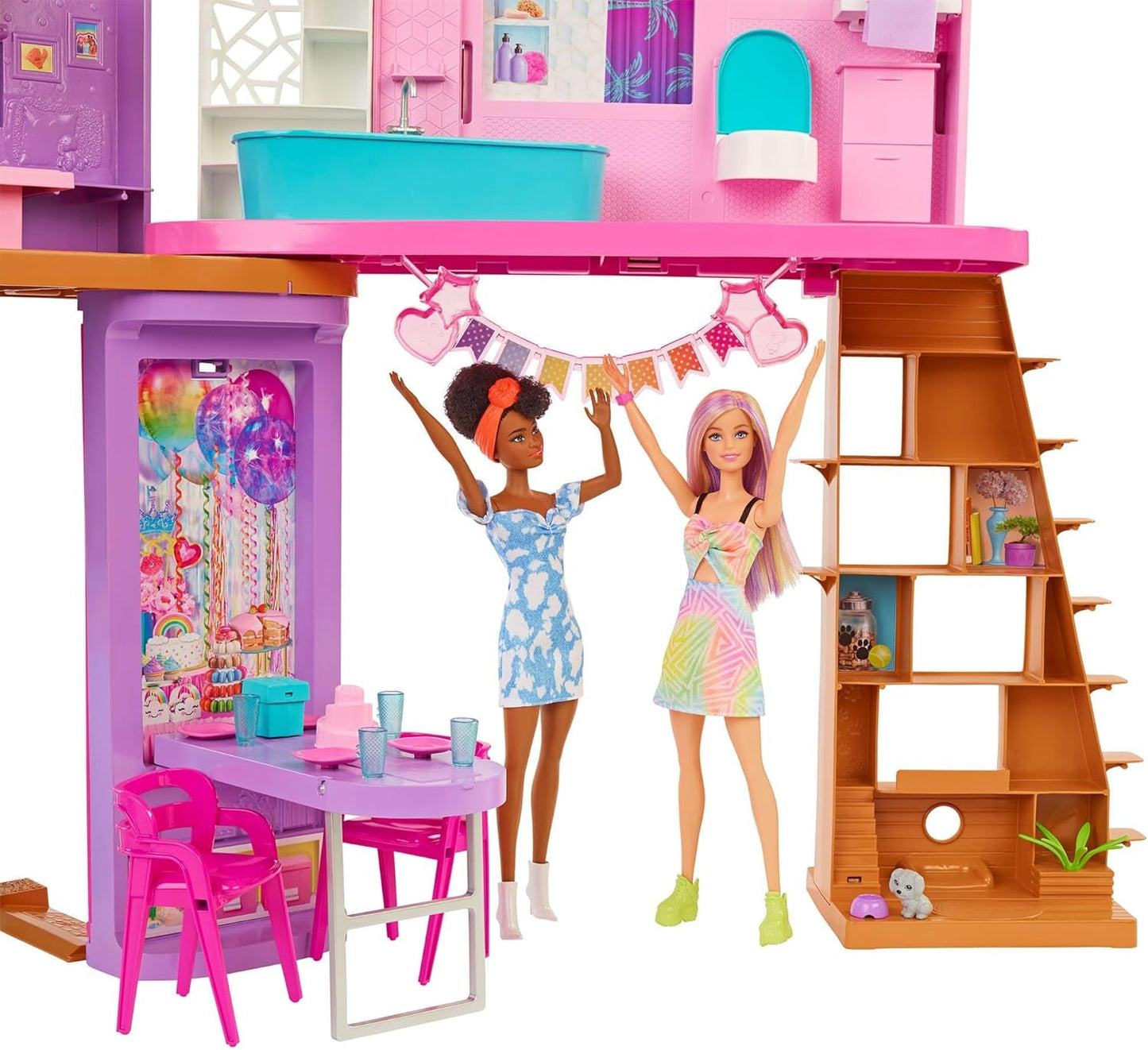 Barbie Vakantiehuis (116 x 77,9 cm), 6-zits speelhuis, volledig ingericht met accessoires, meubels en lift, opvouwbaar en opbergruimte, pop, cadeau voor kinderen vanaf 3 jaar, HCD50