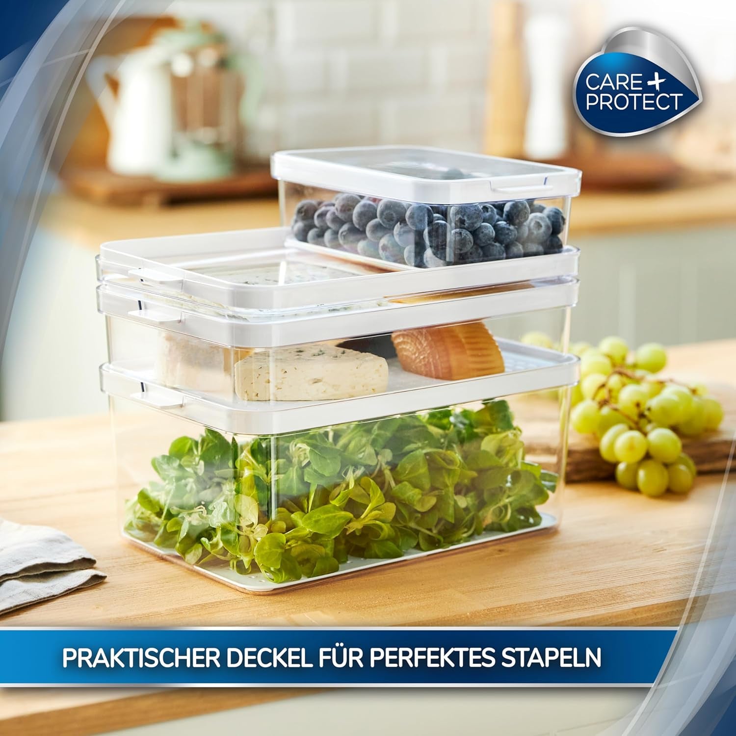 CARE + PROTECT Slimme voedselcontainer, perfect stapelbaar, koelkastorganizer, beschermt voedsel tegen vocht, houdt voedsel langer vers, 2,15 l Voedselbewaardozen Naty Shop