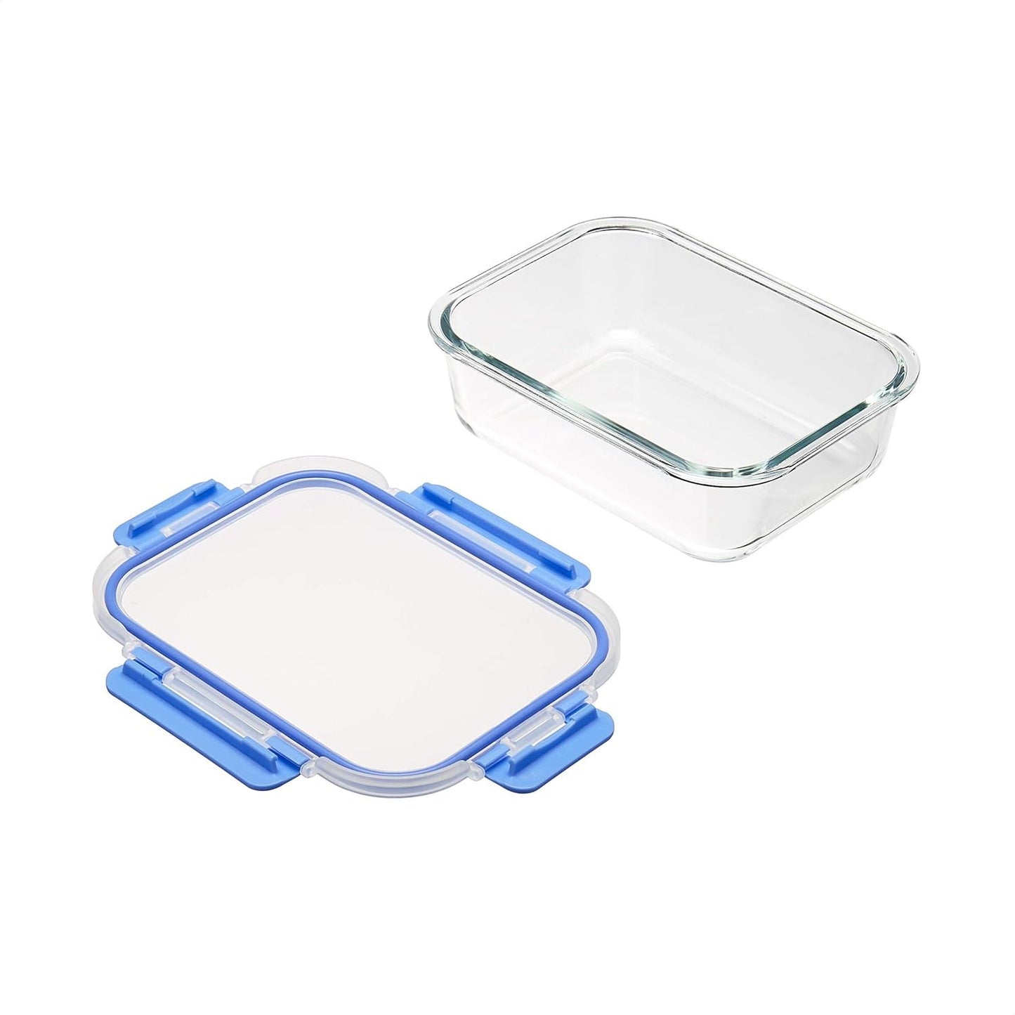 Amazon Basics Voedselcontainers met luchtdichte glazen deksels, 14-delige set, 7 containers en 7 deksels, BPA-vrij, transparant met blauwe siliconentape Voedselbewaardozen Naty Shop
