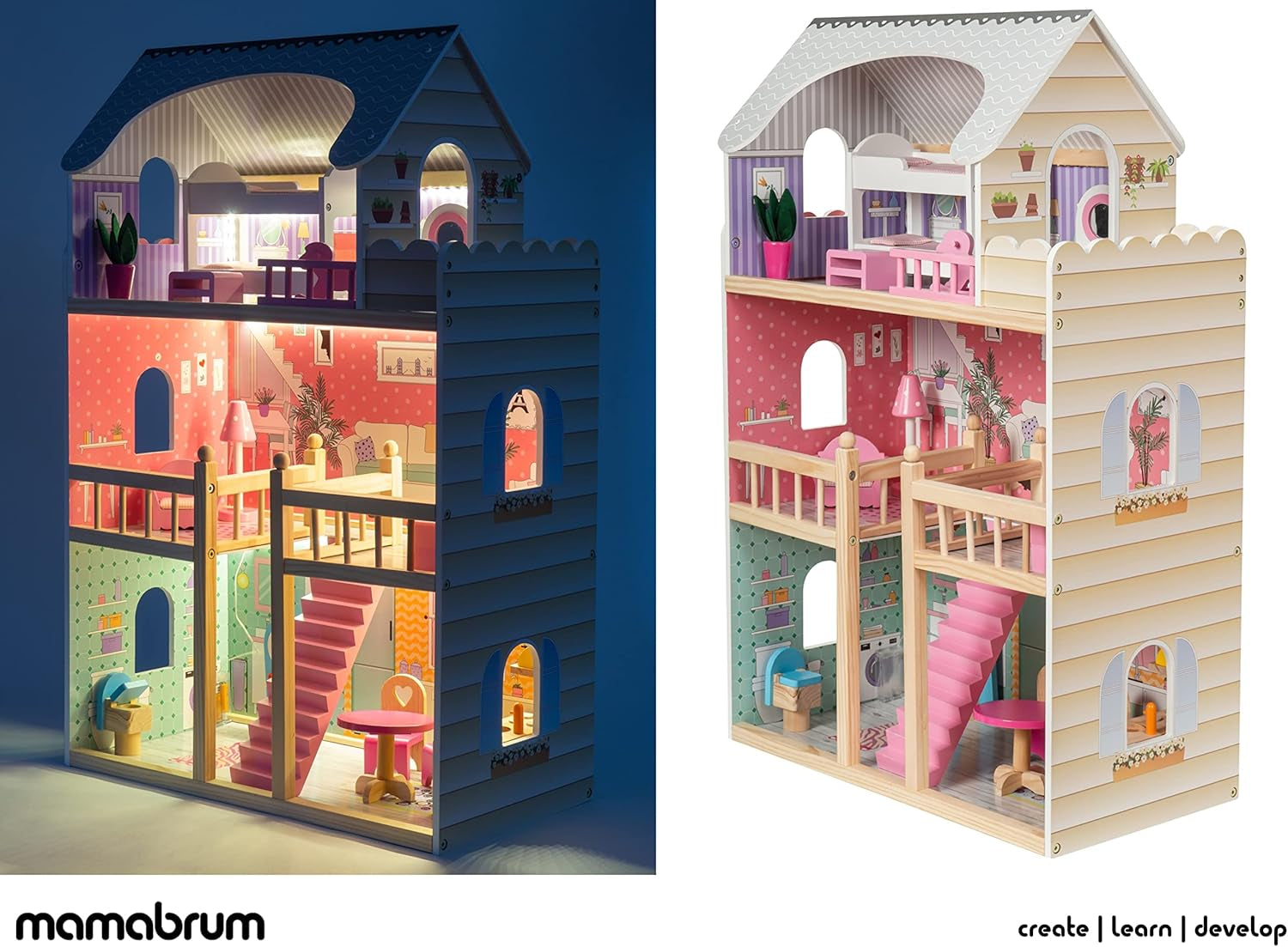 A405 LED-verlicht poppenhuis - 3 verdiepingen en meubelset - Houten speelhuis inclusief accessoires: keuken, badkamer, slaapkamer - Cadeau voor meisjes vanaf 3 jaar Poppenhuizen Naty Shop
