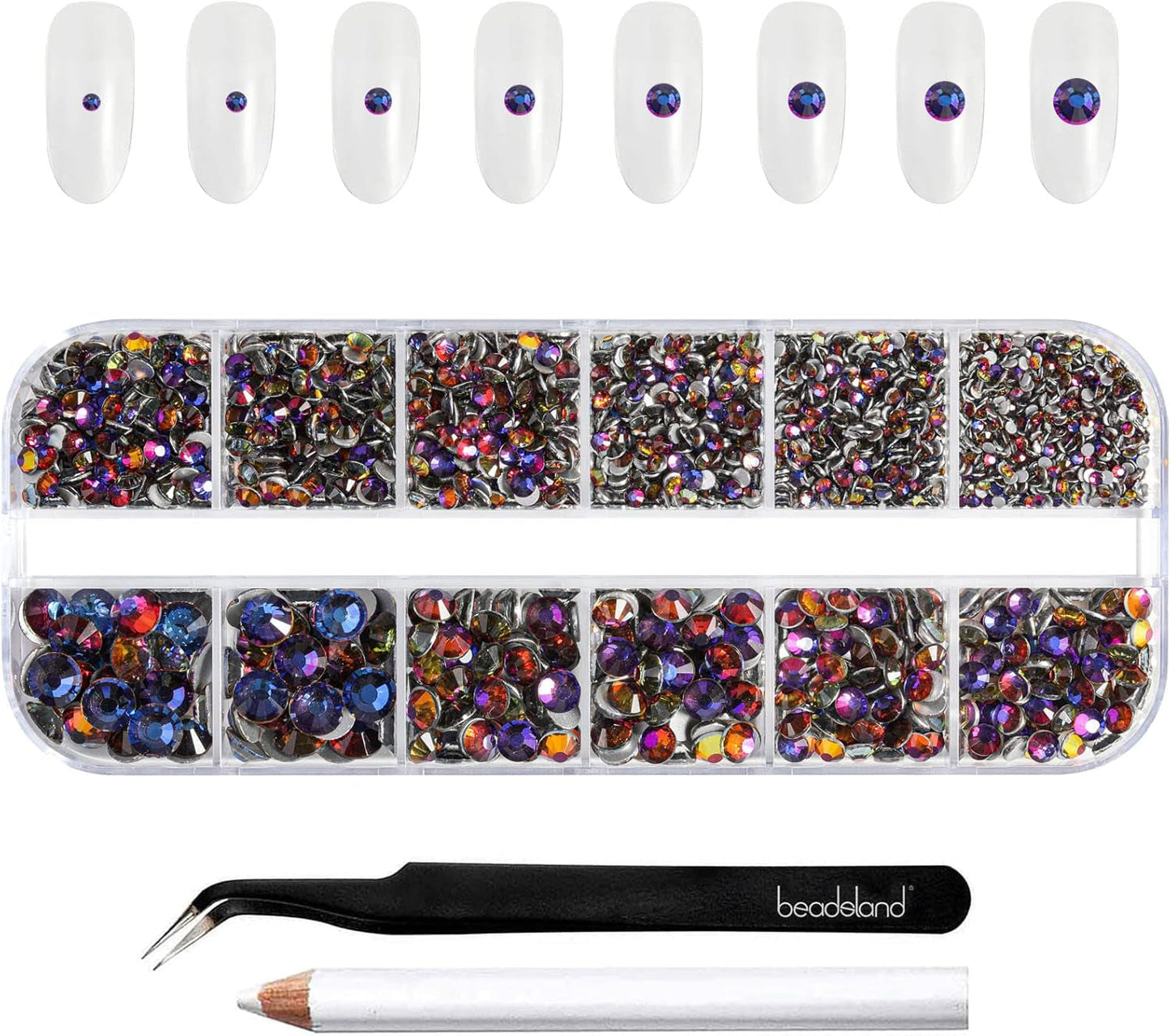 Beadsland 2500 stuks glas Nailart Strasssteine ​​Kristall Flatback Edelsteine ​​Runde, voor handwerk Gemischt 8 Größen SS4 ~ SS30 Mit Picking Pinzette en Stift (Kristall Weiss)