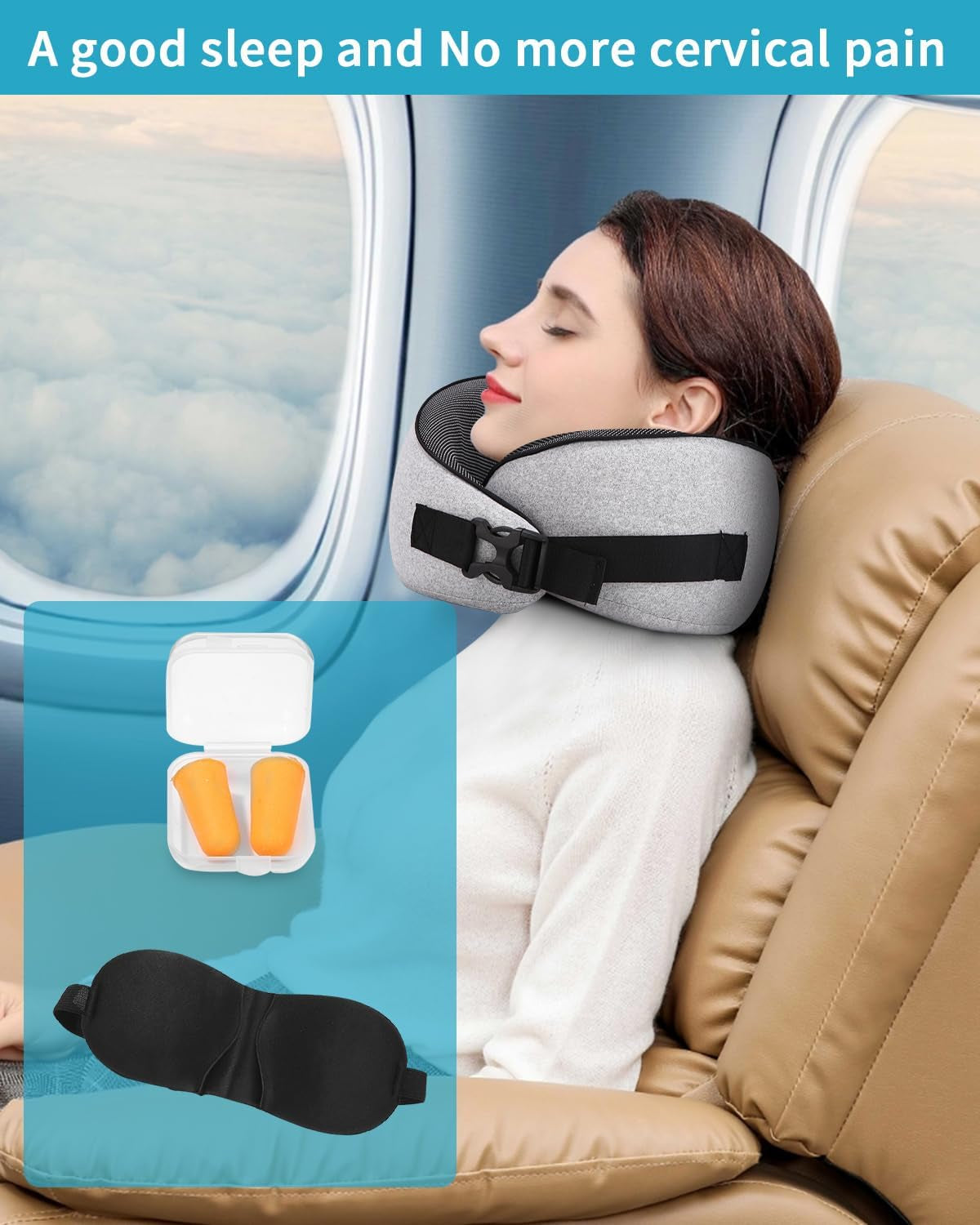 Vliegtuig nekkussen, traagschuim reiskussen, nekkussen voor volwassenen, verstelbaar wasbaar vliegtuigkussen, ergonomisch reiskussen (grijs) Cervicale orthopedische kussens Naty Shop