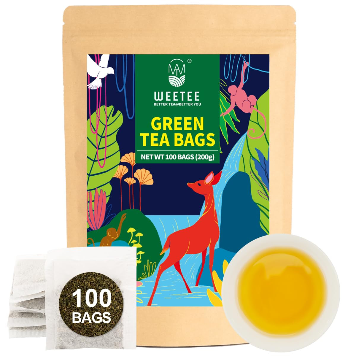 WEETEE Groene Theezakjes, 100 Stuks Groene Theezakjes, Pure Groene Thee, Super Antioxidant | Hersluitbare zakjes | Warme of koude bereiding