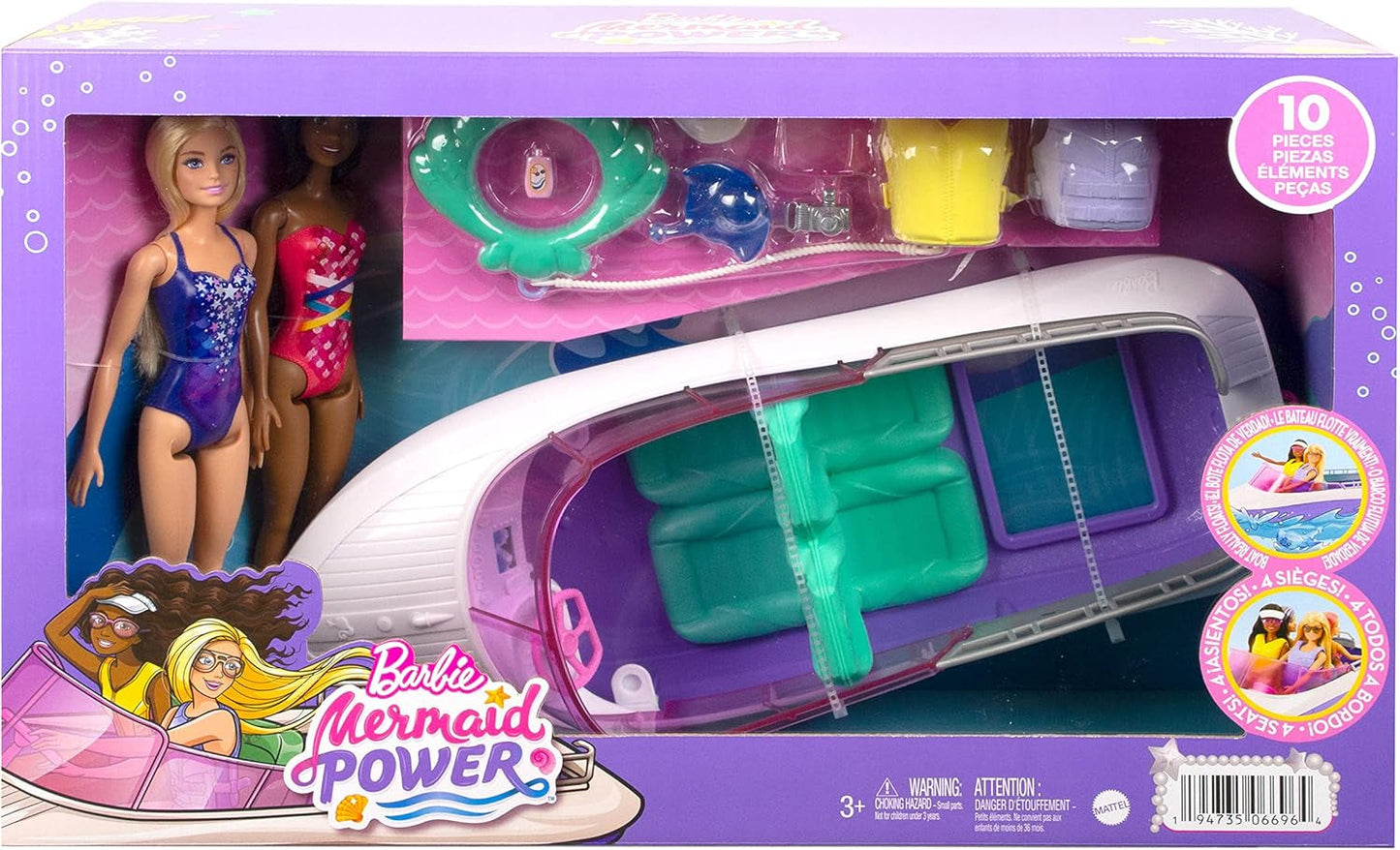 Barbie HHG60 - Zeemeermin-motorboot met 2 poppen (blond/brunette) en diverse accessoires, speelgoed voor kinderen vanaf 3 jaar