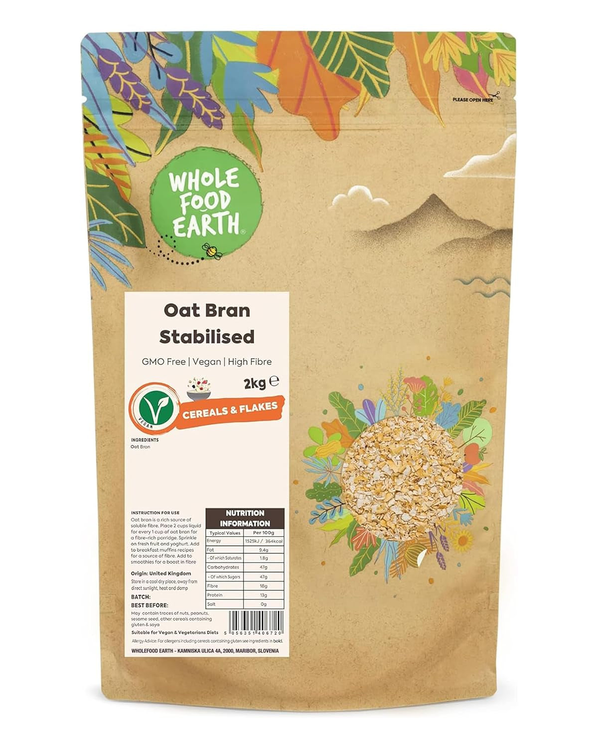Wholefood Earth gestabiliseerde haverzemelen 2 kg | Niet-GMO | Rijk aan vezels
