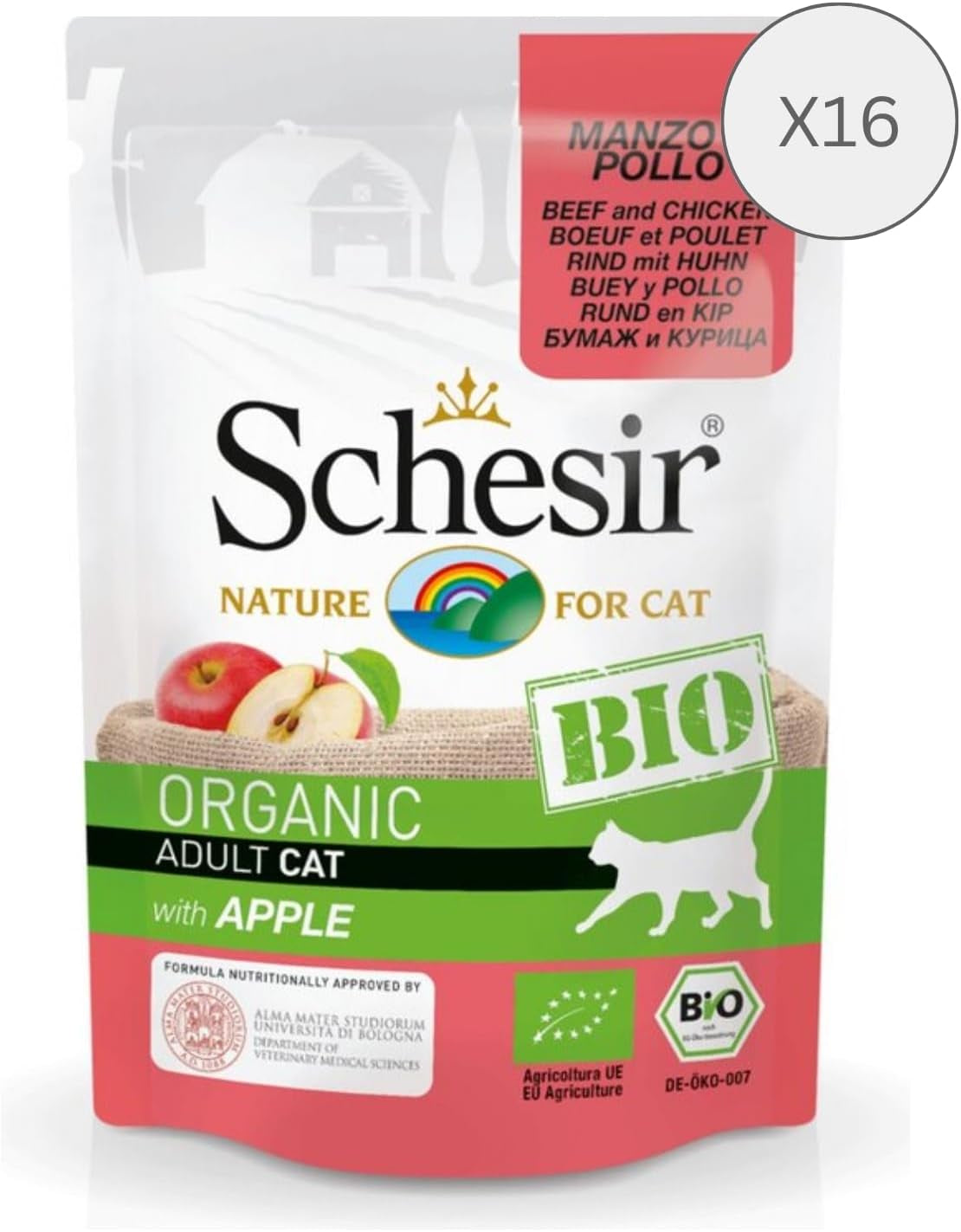 Cat Bio Adult rundvlees en kip met appel, nat kattenvoer, 16 zakjes x 85 g