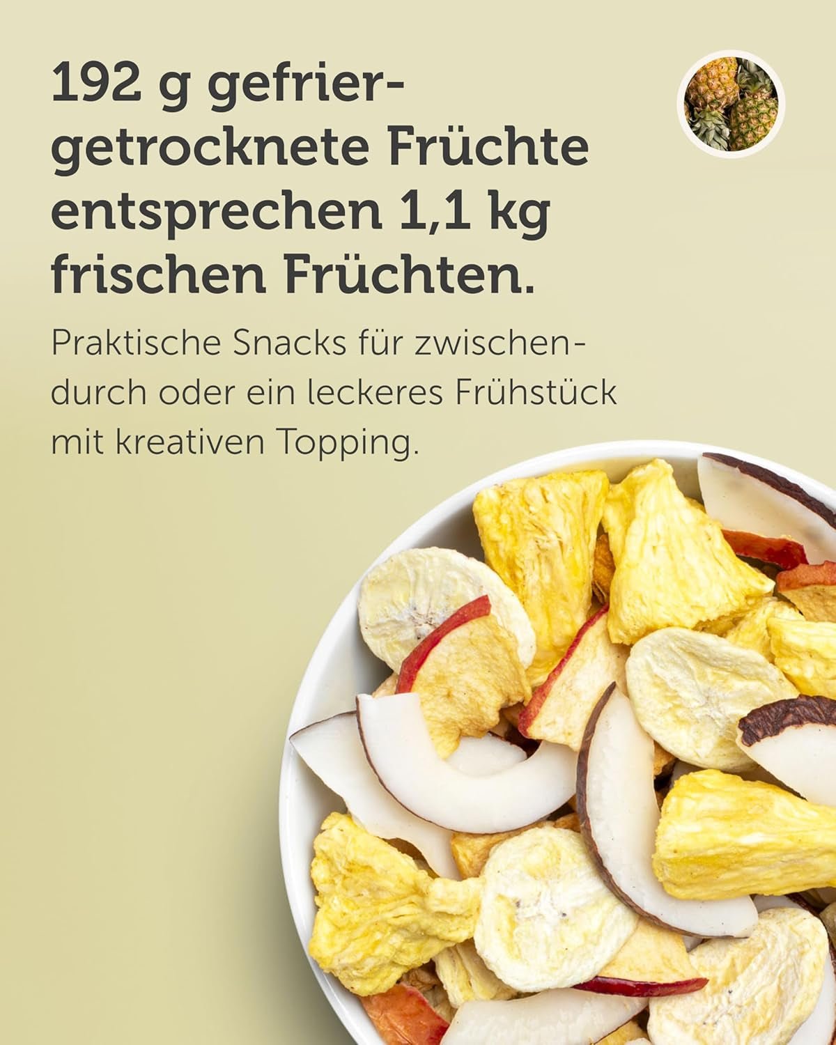 Gevriesdroogde fruitmix BUAH® | Gevriesdroogde ananas, bananen, appels en kokosnoten zonder toegevoegde suiker | 100% fruit | Veganistisch, glutenvrij, lactosevrij (192g) Naty Shop gedehydrateerde producten