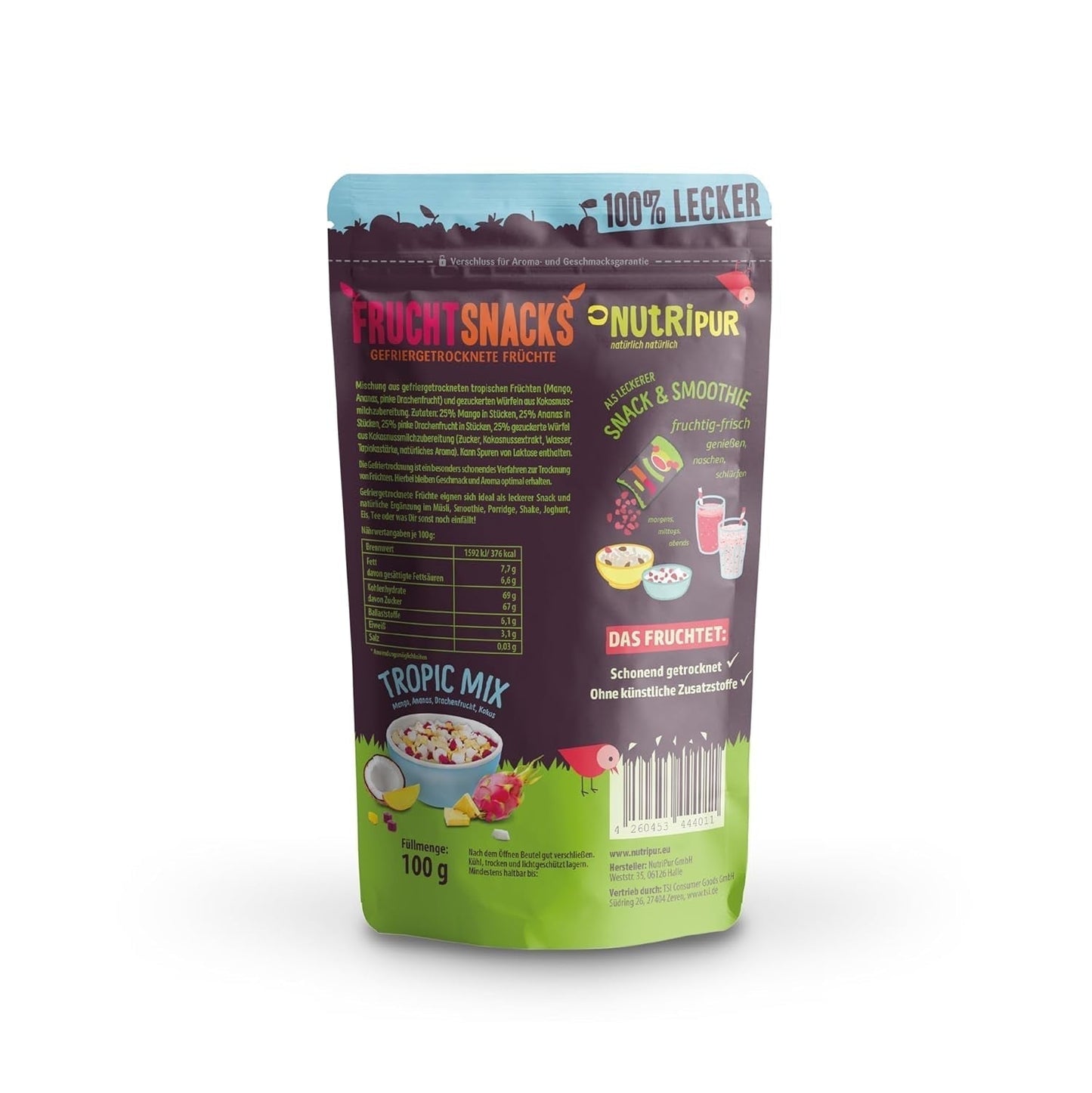 Mengsel van gevriesdroogd fruit "Tropic-Mix" 100g I Bosvruchten en gedroogd fruit I Mengsel van kokosnoot, drakenfruit, mango en ananas I NutriPur Gedroogde producten Naty Shop