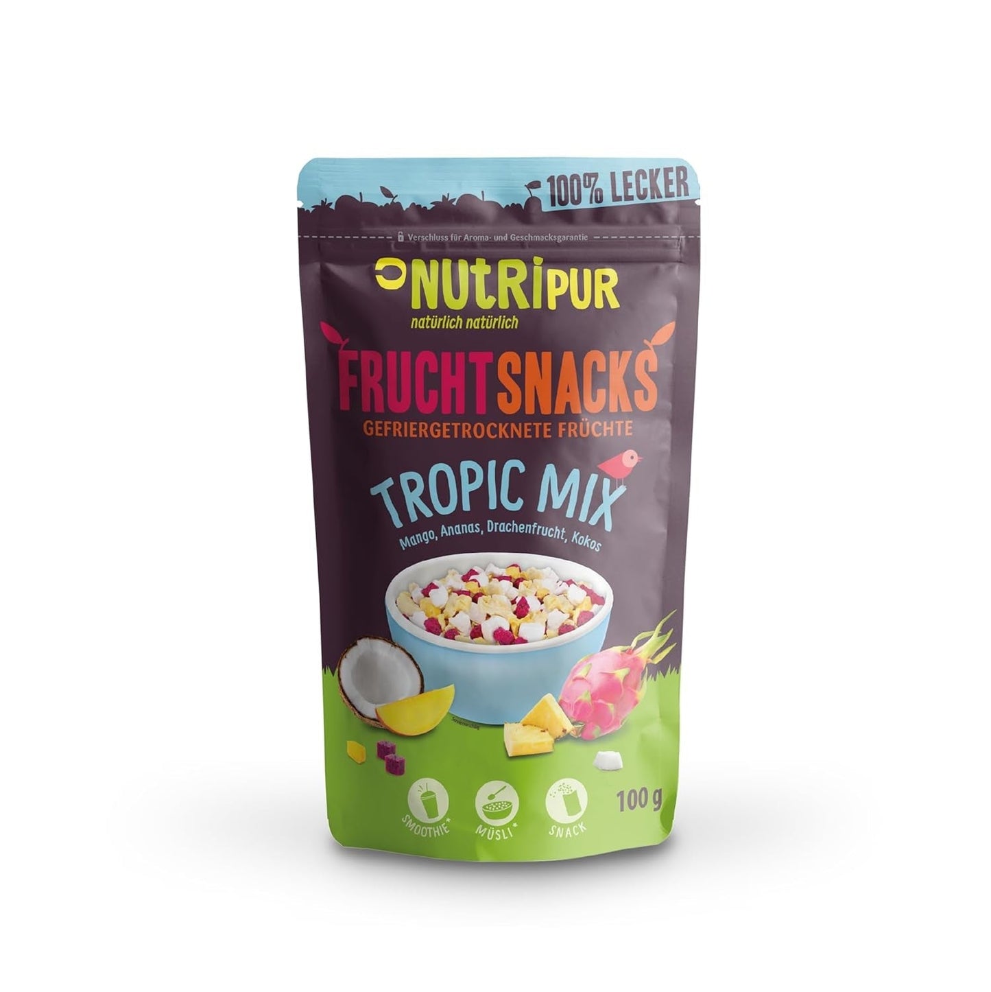 Mengsel van gevriesdroogd fruit "Tropic-Mix" 100g I Bosvruchten en gedroogd fruit I Mengsel van kokosnoot, drakenfruit, mango en ananas I NutriPur Gedroogde producten Naty Shop Standaard titel