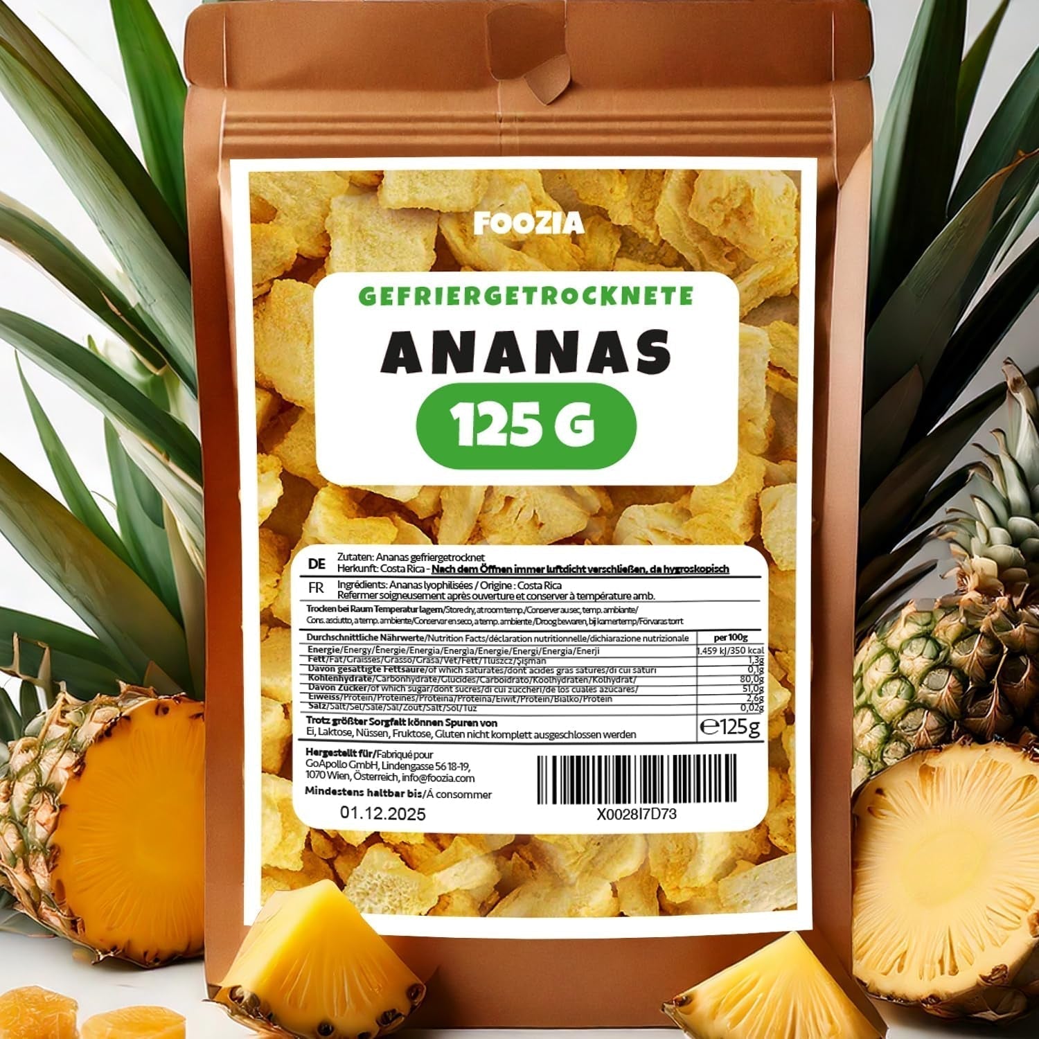 Gevriesdroogde ananas 125g grote stukken, Gevriesdroogd fruit zonder toevoegingen 100% puur - Natuurlijk gedroogd fruit - Gedroogde ananas, gedroogd fruit van Foozia Gedroogde producten Naty Shop 125G
