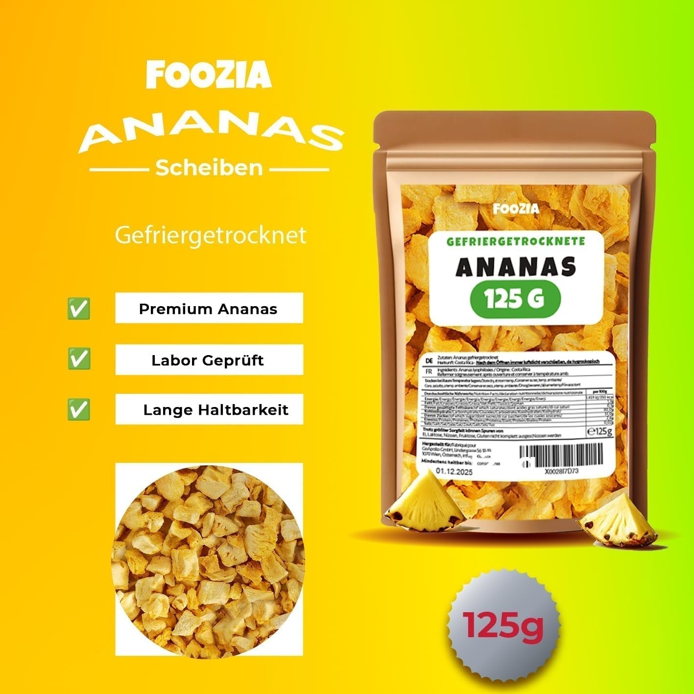 Gevriesdroogde ananas 125g grote stukken, Gevriesdroogd fruit zonder toevoegingen 100% puur - Natuurlijk gedroogd fruit - Gedroogde ananas, gedroogd fruit van Foozia Gedroogde producten Naty Shop