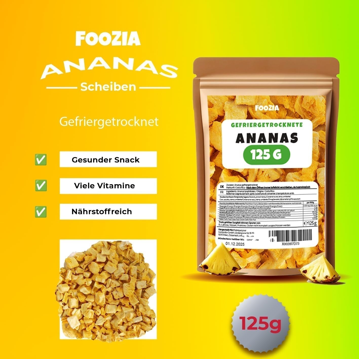 Gevriesdroogde ananas 125g grote stukken, Gevriesdroogd fruit zonder toevoegingen 100% puur - Natuurlijk gedroogd fruit - Gedroogde ananas, gedroogd fruit van Foozia Gedroogde producten Naty Shop