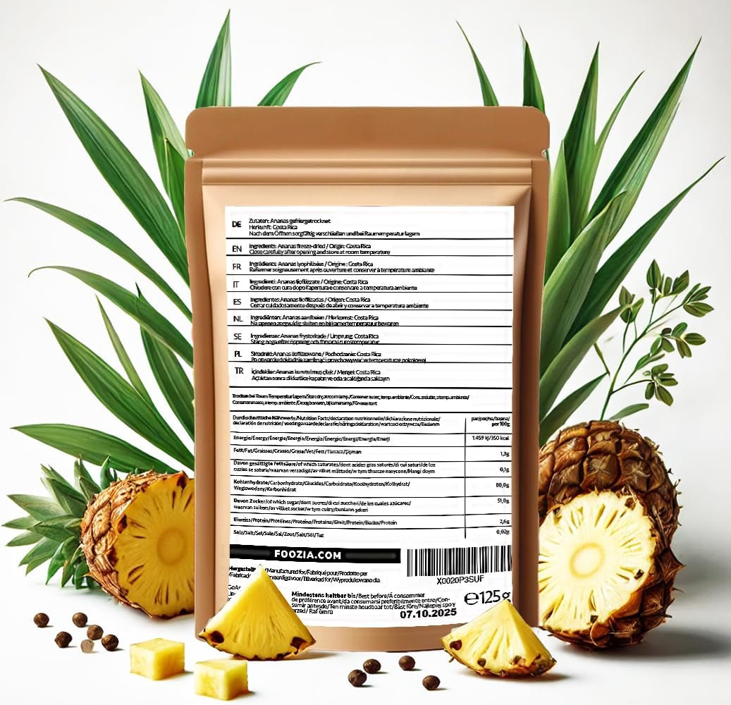 Gevriesdroogde ananas 125g grote stukken, Gevriesdroogd fruit zonder toevoegingen 100% puur - Natuurlijk gedroogd fruit - Gedroogde ananas, gedroogd fruit van Foozia Gedroogde producten Naty Shop