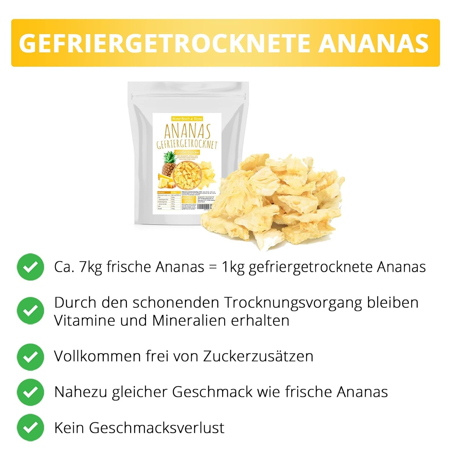 Gevriesdroogde ananas 250g, grote stukken, gevriesdroogd fruit in plakjes, ongezoet, fruitige ananasstukjes, gedroogde ananas Gedroogde producten Naty Shop