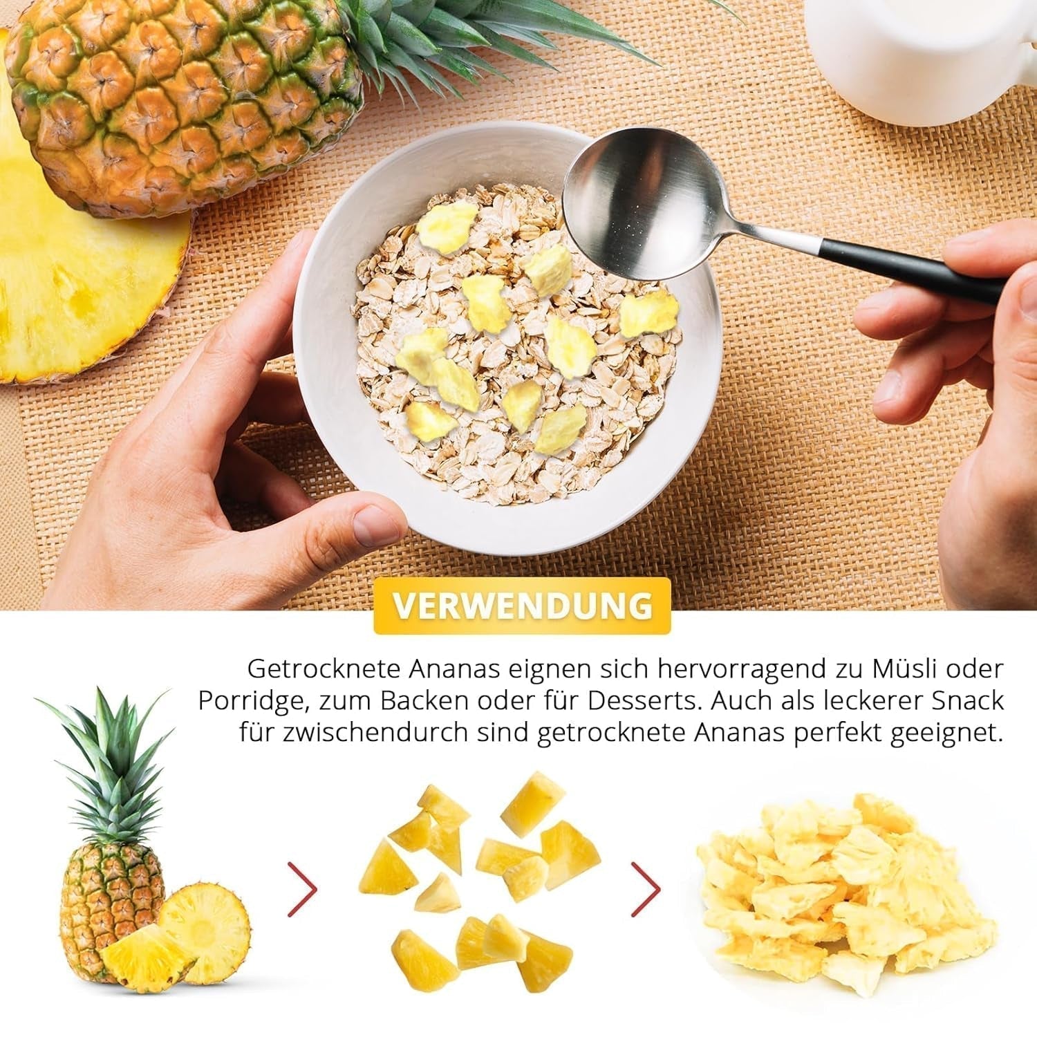 Gevriesdroogde ananas 250g, grote stukken, gevriesdroogd fruit in plakjes, ongezoet, fruitige ananasstukjes, gedroogde ananas Gedroogde producten Naty Shop