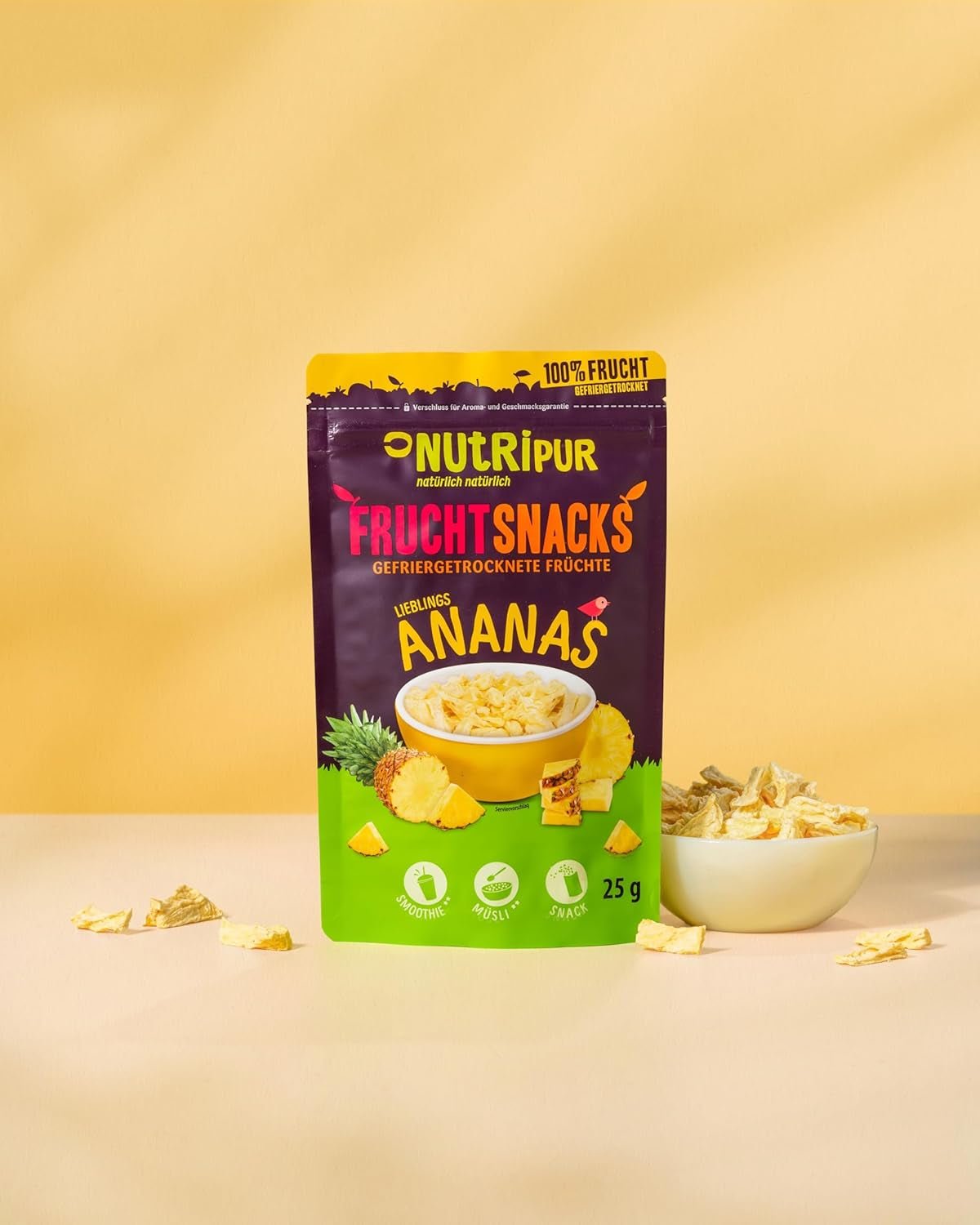 Gevriesdroogde ananas BITS 100g grote stukken voor smoothie bowls, muesli, paptopping - gevriesdroogd fruit zonder toegevoegde suiker - gedroogde ananas - fruit van NutriPur Gedroogde producten Naty Shop