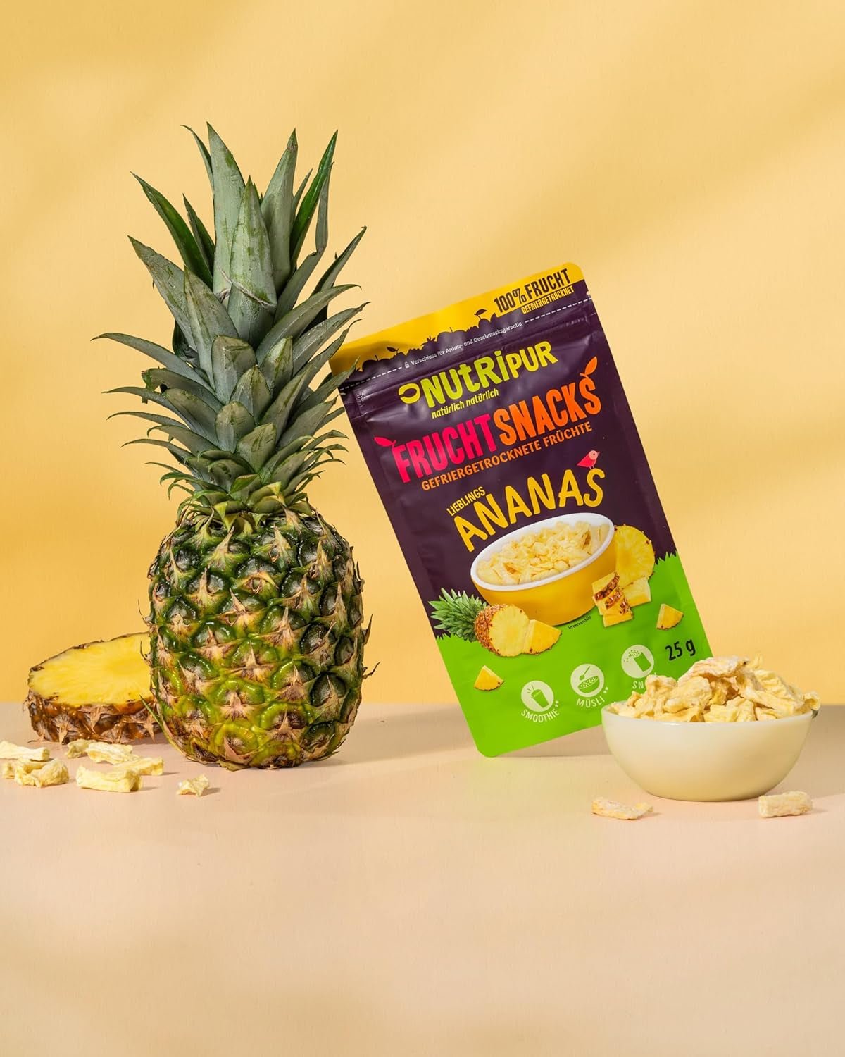 Gevriesdroogde ananas BITS 100g grote stukken voor smoothie bowls, muesli, paptopping - gevriesdroogd fruit zonder toegevoegde suiker - gedroogde ananas - fruit van NutriPur Gedroogde producten Naty Shop