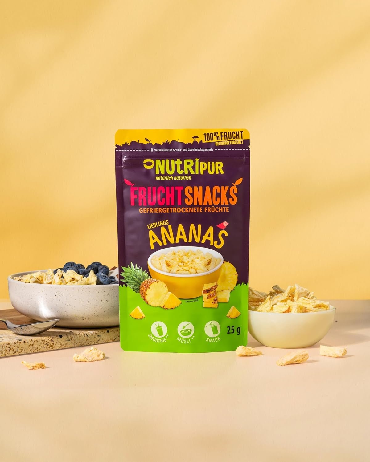 Gevriesdroogde ananas BITS 100g grote stukken voor smoothie bowls, muesli, paptopping - gevriesdroogd fruit zonder toegevoegde suiker - gedroogde ananas - fruit van NutriPur Gedroogde producten Naty Shop