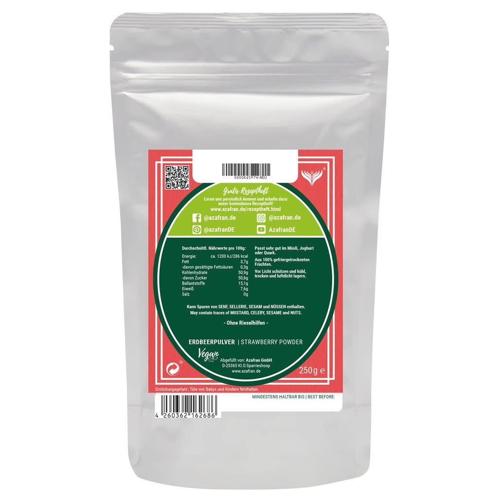Azafran aardbeipoeder, gevriesdroogde (gemalen) aardbeien, aardbeipoeder 250g Gedroogde producten Naty Shop