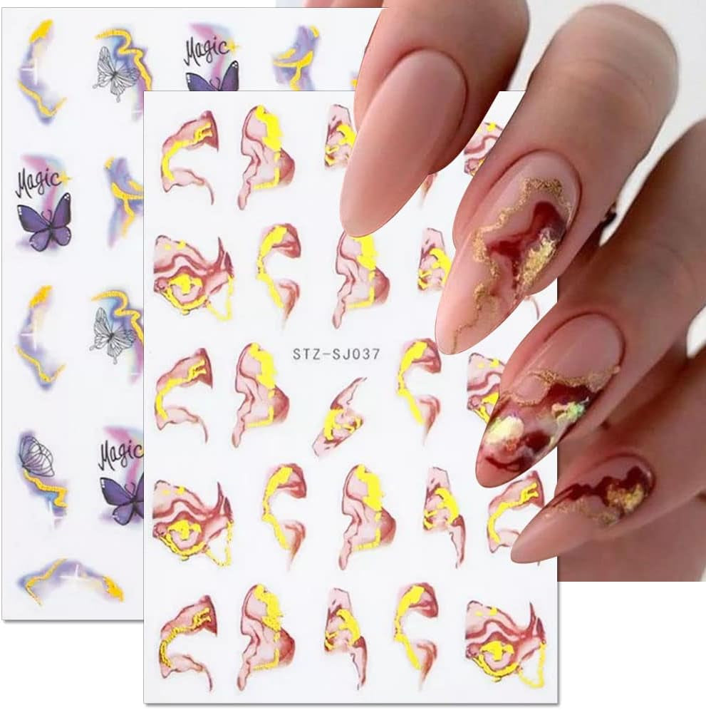 6 Blatt 3D Lila Schmetterling Nagelstickers Selbstklebend Nagelaufkleber Schmetterlinge Nagelsticker Bunte Blühen Marmor Nagelstickers Regenbogen Welle Linien Nail Art Aufkleber Nageldesign Zubehör