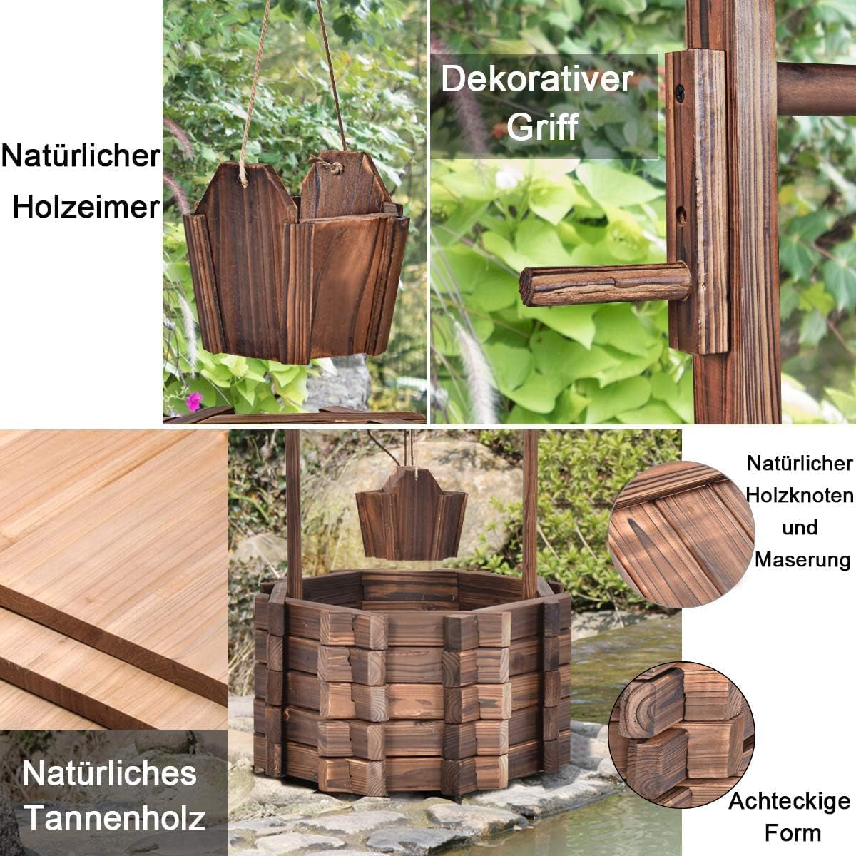 Houten fontein 56x56x114cm met dak, Wensput, Tuindecoratie, Bloempotten, Decoratieve fontein, Bloempotten, Bruin