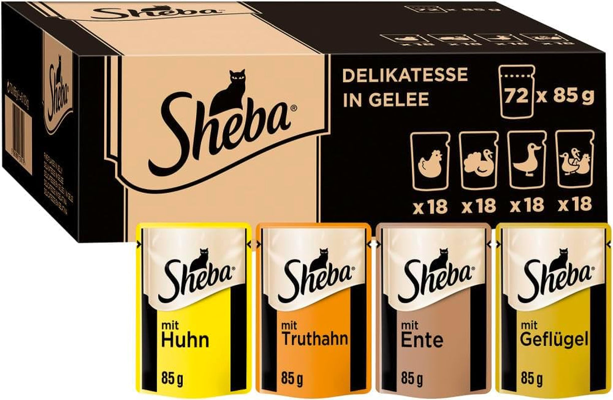 SHEBA Kattennatvoer - 72 zakjes x 85g - Gevogeltevariant in gelei - Kattennatvoer - 1 grootverpakking