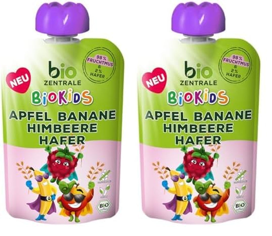 biocentral BioKids Fruitpuree Appel Banaan Frambozen Haver | 12 x 90 g | Fruitige snack zonder toegevoegde suiker | Veganistisch (pak van 2)