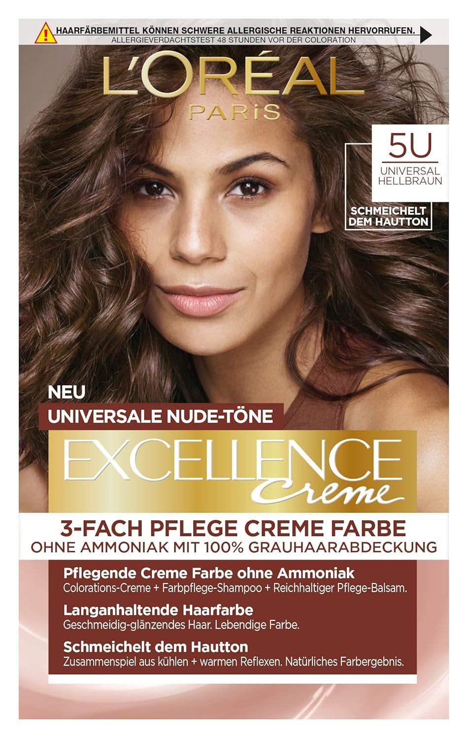 L'Oréal Paris Permanente haarverf voor elke huidtint, kleuring zonder ammoniak, universele nudetinten met volledige dekking van grijs haar, Excellence Creme, nr. 5U Licht kastanje (bruin), 1 st Naty Shop haarverf
