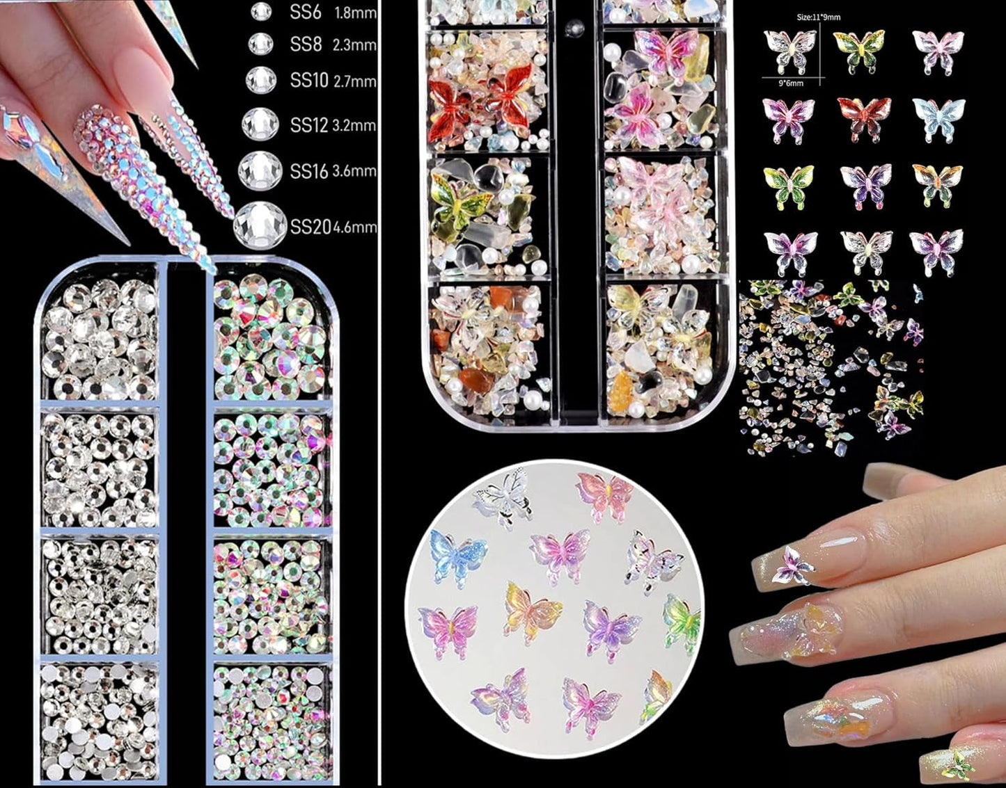 Nail Charms,6 Boxen Gold Silber Nagel Charms 3D Gold Bogen Stern Nail Art Decoratie+6200 Strasssteine ​​Bunt Steine ​​AB Perlen Diamanten,3D Legierung Bow Nail Gems Nagel Deko Für Frauen Nagel (6-A)