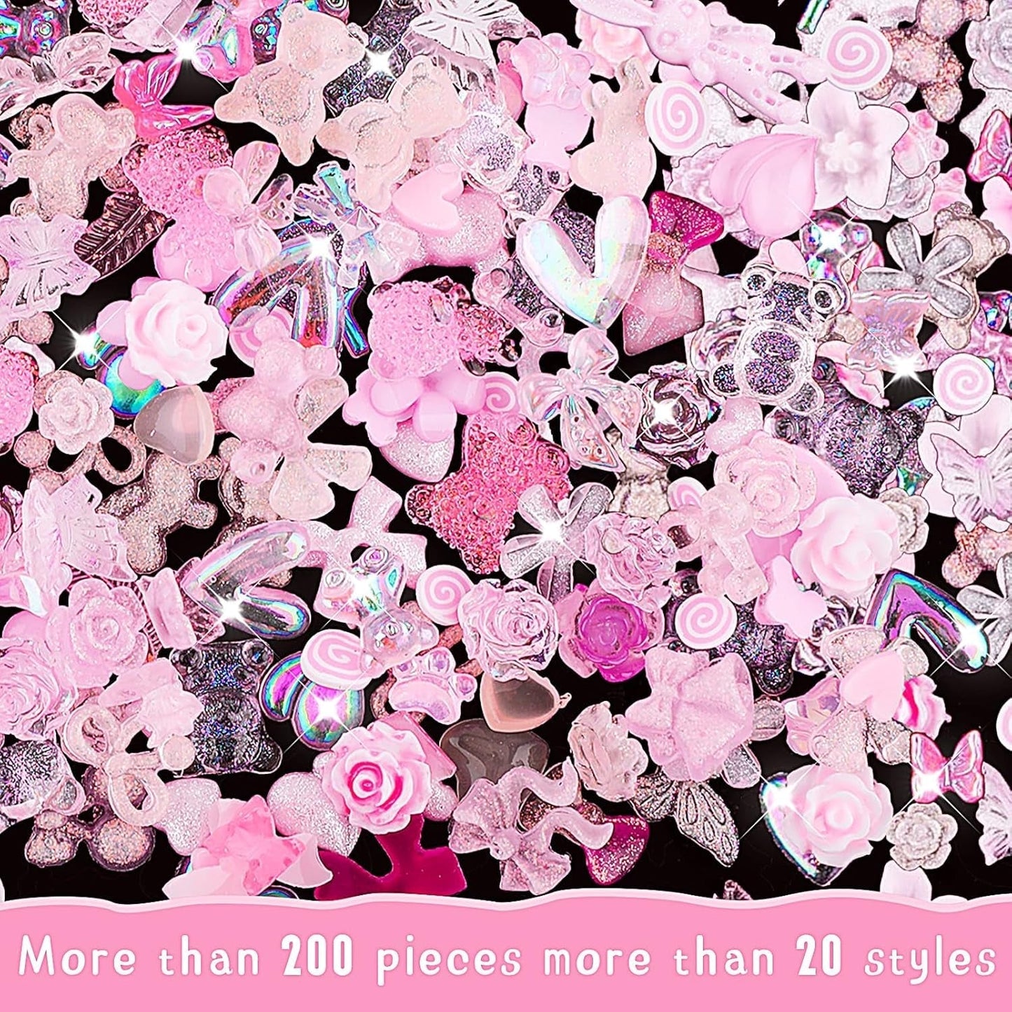 200 Stuks Nail Art Charms 3D Nail Art Decoratieset Strik Nagelhanger Roze Gemengde Stijl Strik Bloem Teddybeer Lolly Hartvorm Nail Art Decoratie DIY Ambachtelijke Nageldesign