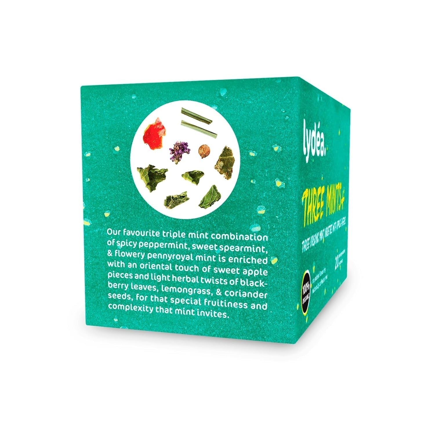 Lydea Three Mints+ biologische kruidenthee met drie soorten munt, appel en kruiden, 60 piramides, 3 stuks [3 x 20 piramides]