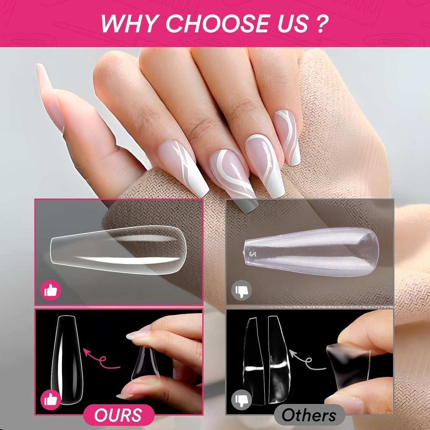 Alyvisun Ballet nageltips, 500 stuks volledig dekkende acryl nageltips met 240 stuks nagelstickers set, 10 maten transparante gelnageltips Zachte gelnageltips Ballerina nageltips