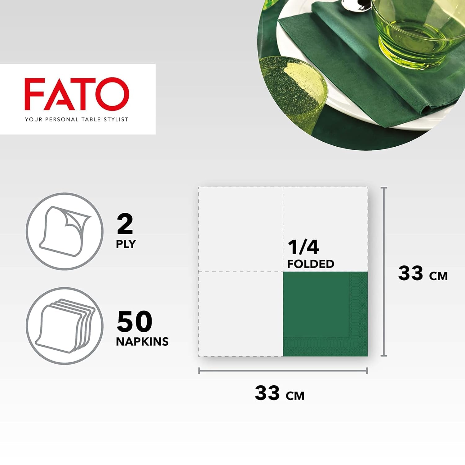 , Papieren wegwerpservetten, ideaal voor informele lunches en buffetten, verpakking van 50 servetten, maat 33X33, 4 vouwen, 2-laags, bosgroen, 100% puur cellulosepapier, FSC-gecertificeerd