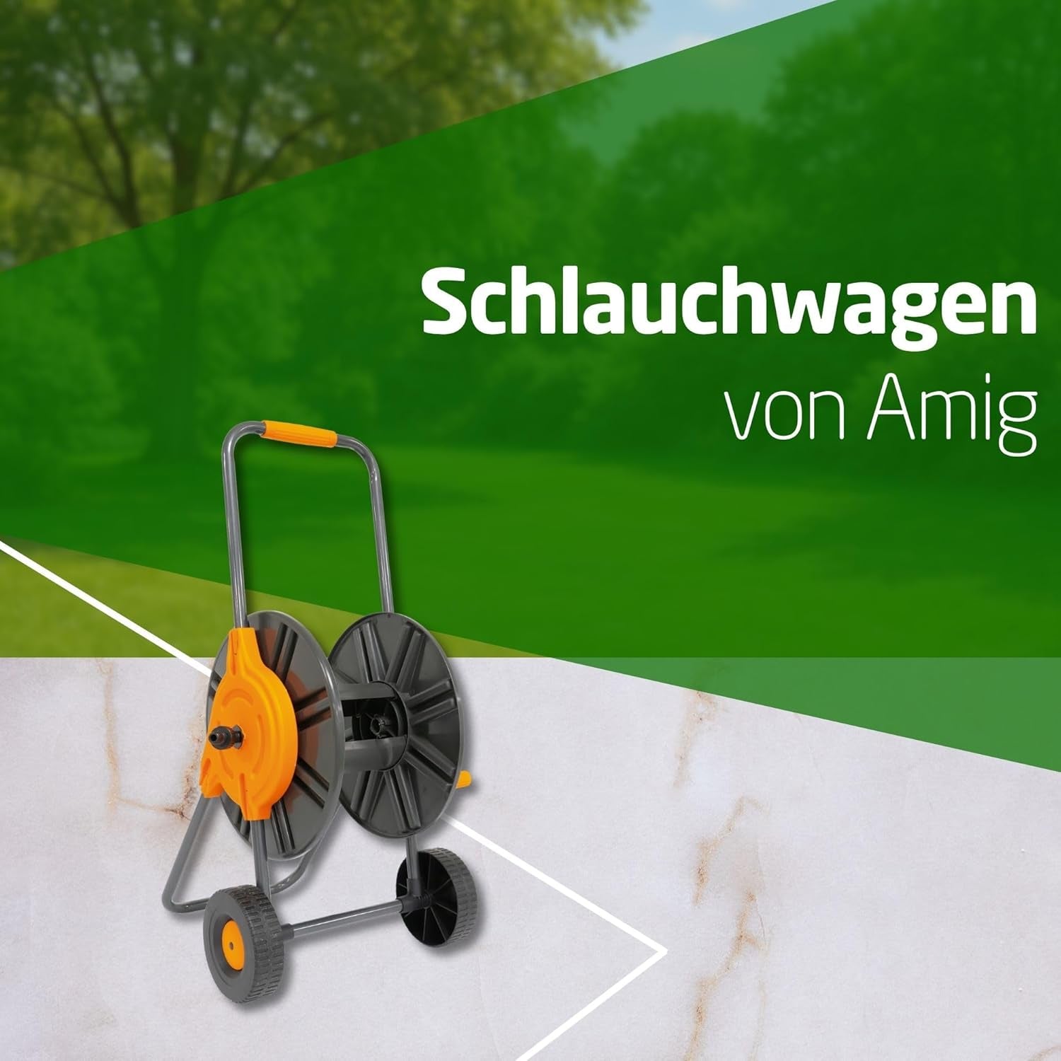 Amig - Slanghaspel | voor 1/2" slangen | max. 60 m opgerold | met zwengel voor eenvoudig oprollen | polypropyleen | oranje en grijs