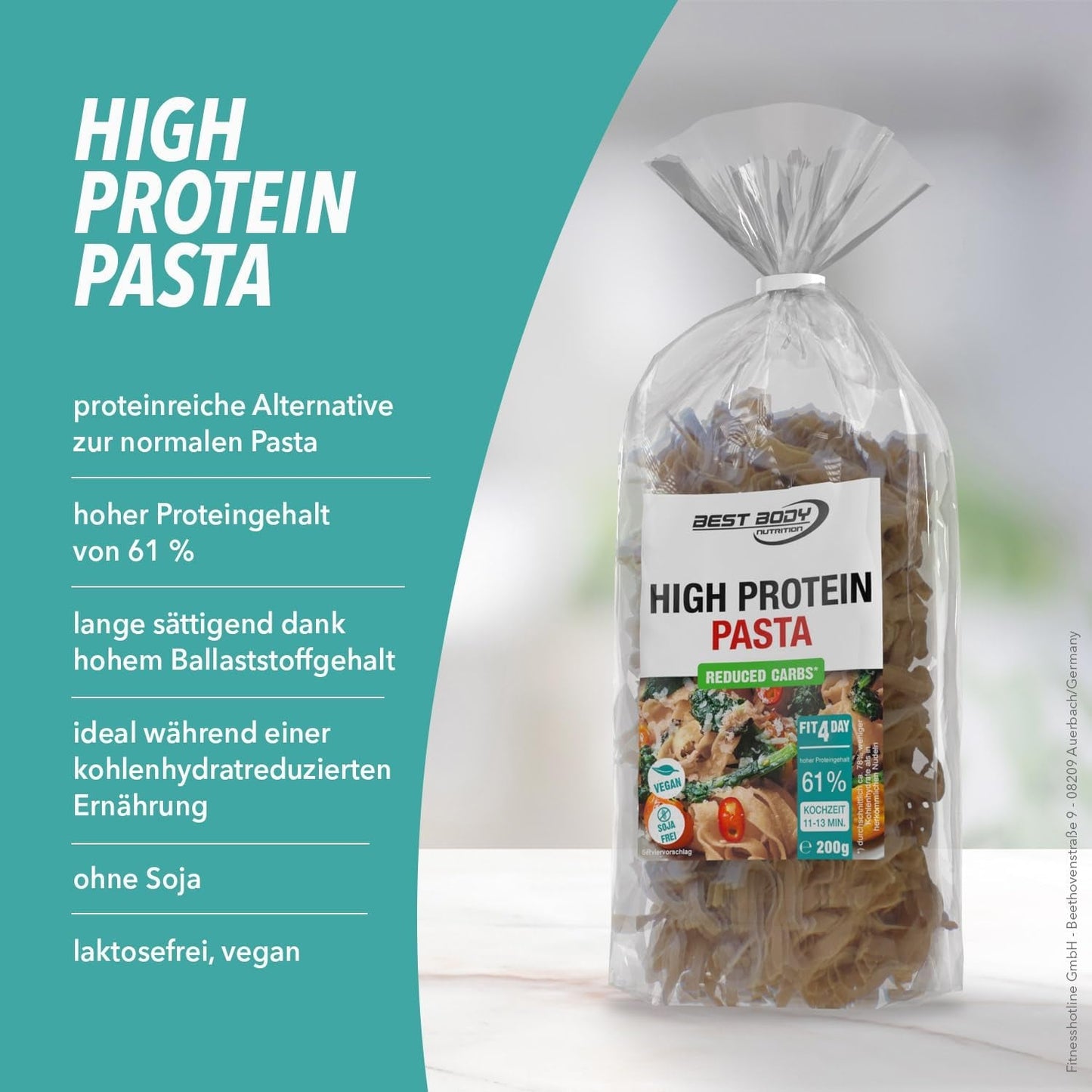 Best Body Nutrition Eiwitpasta 6 x 200 g - Fit4Day High Protein Tagliatelle - 61% eiwit, koolhydraatarm, veganistisch en lactosevrij, sojavrij - Erwteneiwit van hoge kwaliteit - voor koolhydraatarme diëten