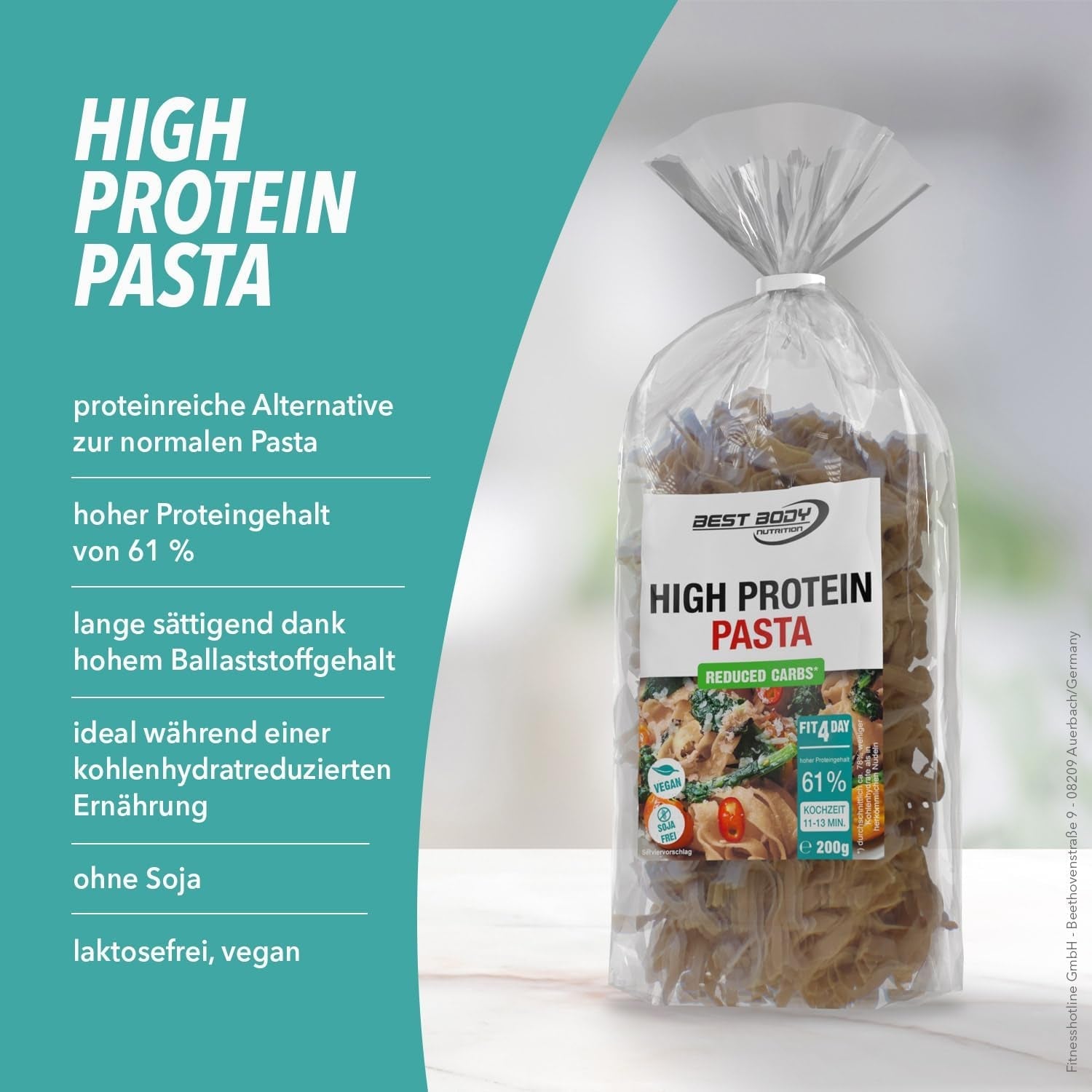Best Body Nutrition Eiwitpasta 6 x 200 g - Fit4Day High Protein Tagliatelle - 61% eiwit, koolhydraatarm, veganistisch en lactosevrij, sojavrij - Erwteneiwit van hoge kwaliteit - voor koolhydraatarme diëten